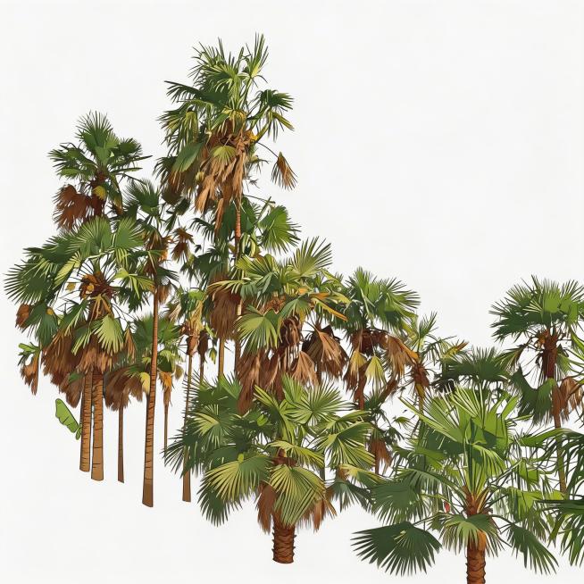 参考用户提供的实拍棕树林照片，生成一片棕榈棕树林矢量图，多棵棕榈树高低错落排列，每棵树干都覆盖浓密蓬松的棕褐色棕皮，保留自然生长的叶片和干枯老叶，整体自然真实，简约干净矢量风格，纯白色背景预览效果
