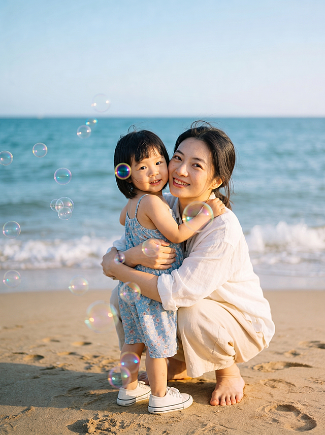 【主体保护指令】请保持参考图 1 中的【同一模特、同一服装、同一场景光感】一致，包括 面部五官、服装细节、背景色调、光影，不做改动。仅姿势、镜头景别、朝向按 1 组差异化生成。
画面整体为温馨亲子照，模特侧身拥抱回眸，3-4身，3-4侧朝向，常规机位，自然构图。
人物与参考图 1 保持一致。
服装服饰以参考图 1 为准。
背景与参考图 1 保持一致。
光影与参考图 1 保持一致。
画质与参考图 1 保持一致。
风格为写实温馨摄影风。
景别为3-4身，常规镜头，自然机位，舒适构图。
画面与参考图 1 在模特面部、服装、背景、光影、色调上保持高度一致；人物特征稳定（五官 / 肤色 / 发型一致）；服装细节准确；关节合理、姿势自然。