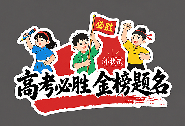 参照原图风格，保留三个学生插画元素，将底部文字修改为“高考必胜 金榜题名”，旗上文字保留“必胜”，整体风格保持卡通手绘，灰色背景，白色外轮廓贴纸样式