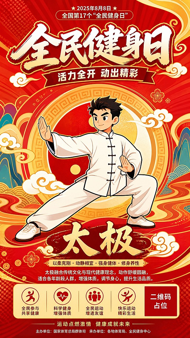 全民健身日系列宣传海报-打太极主题，扁平潮流卡通插画风格，高饱和撞色，动感活泼活动主视觉风。画面中央是一位正在练太极的卡通人物，动作舒展圆融，身姿稳健，周围有圆形图案、祥云纹样、流动的曲线等装饰元素。背景采用朱砂红与暖金色高饱和撞色渐变，点缀传统纹样、几何圆形、云朵等潮流装饰元素。顶部大标题"全民健身日"，副标题"活力全开 动出精彩"，底部标注"太极"运动名称。整体画面传统又时尚，融合国潮风格，扁平卡通风格，粗线条描边，色彩典雅明快，版式精美。画面中所有二维码区域使用纯色方块占位符呈现，方块中央标注"二维码占位"文字，严禁生成任何可识别的二维码图案。画面中所有信息区域必须填充完整合理的内容，不得出现空白框、空白占位、横线待填写区域，确保是完整可用的成品海报而非待填写模板。