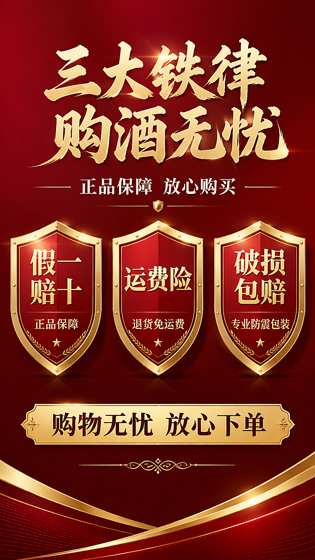 [第15张] 信任背书三大承诺-购酒无忧保障页。本张不使用产品图，为信任背书专页。
[氛围/风格] 安全可靠信任感，盾牌徽章元素，专业权威，商业设计质感。
[元素布局] 画面顶部标题区，中部三个盾牌图标横向排列，每个盾牌对应一条承诺；盾牌为金色边框+红色主体，有金属质感；背景为深红色渐变，底部有金色装饰条；整体对称庄重。
[光影质感] 均匀柔光，盾牌有金属光泽和立体感，整体稳重可信。
[配色色系] 全局底色 #6B0F1A 深红渐变；主色中国红 #C41E3A + 金色 #D4AF37；辅助色白色、深棕。
[视角构图] 正面平视，对称构图，三盾牌等距排列，阅读动线从上至下：标题 → 三承诺 → 底部保障语。
[文字版式] 版式为顶部大标题 + 中部三盾牌承诺 + 底部保障语。主标题「三大铁律 购酒无忧」书法体金色大字居中；副标题「正品保障 放心购买」宋体白色小字；中部三个盾牌从左到右：第一个盾牌内「假一赔十」大字+下方「正品保障」小字；第二个盾牌内「运费险」大字+下方「退货免运费」小字；第三个盾牌内「破损包赔」大字+下方「专业防震包装」小字；每个盾牌都是金底红字或红底金字设计；底部金色横条内「购物无忧 放心下单」深色字。
[比例分辨率] 9:16 竖版比例，4K分辨率，文字清晰可辨，高清画质。
[负向提示词] 水印，文字错乱，背景杂乱，盾牌变形，颜色偏差。
