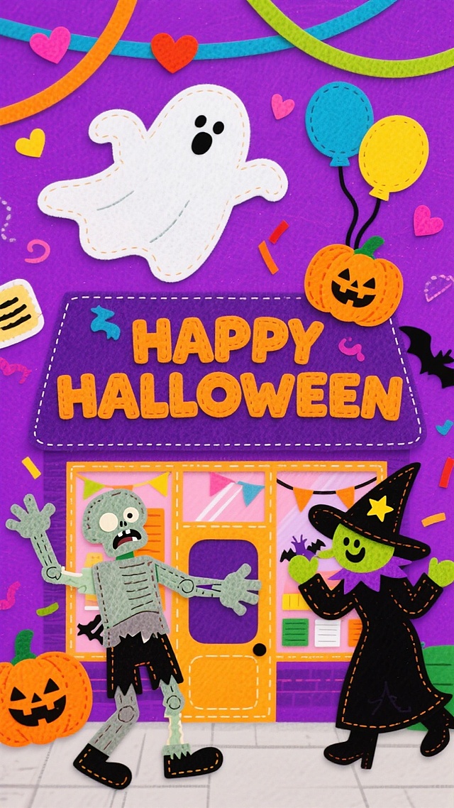 主视觉万圣节商店远景，门口写着“HAPPY HALLOWEEN”，幽灵、僵尸和女巫环绕着商店开派对，背景点缀彩带、爱心气球、南瓜灯等元素，紫色背景