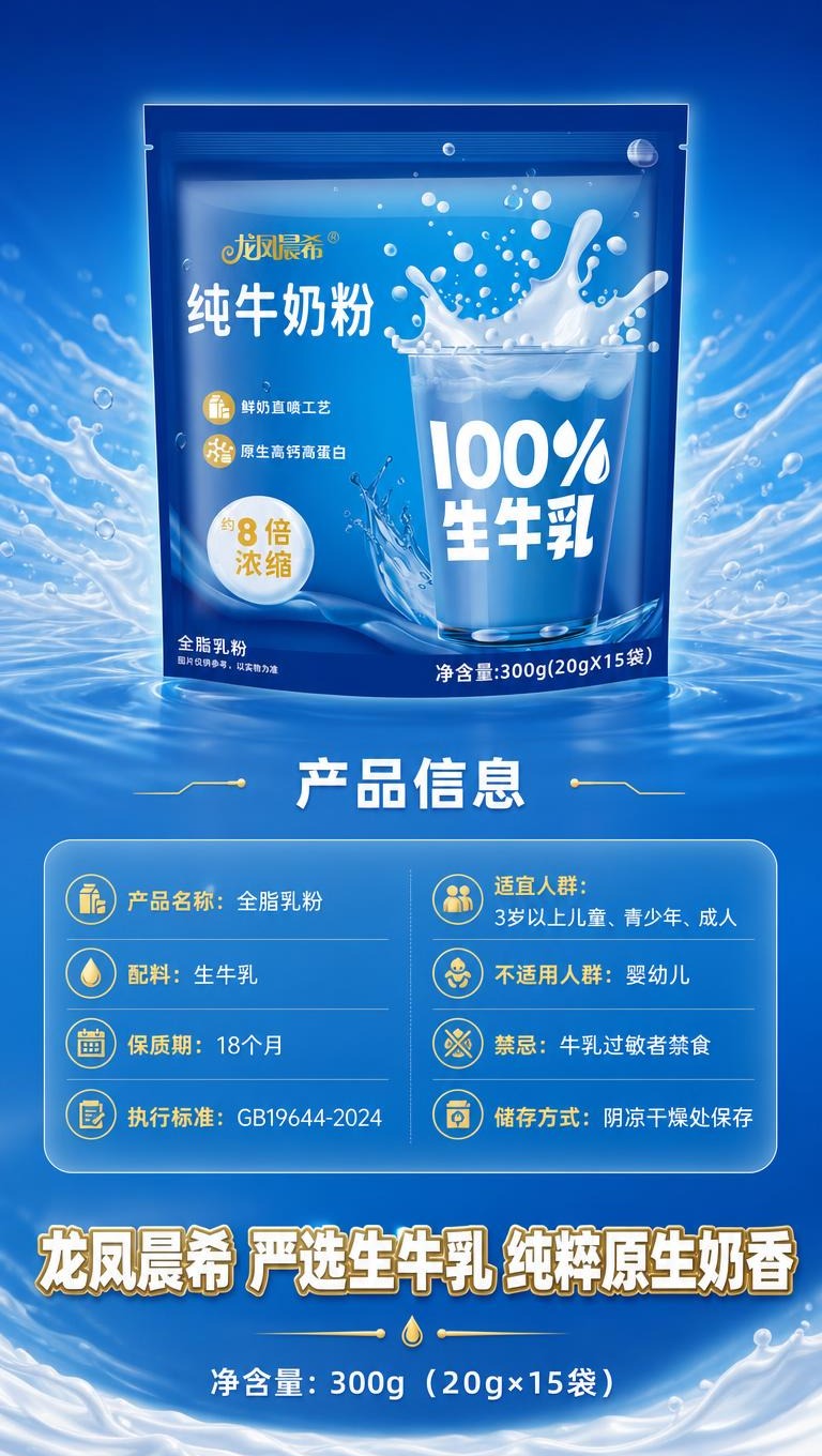 [商品] 使用【图1】龙凤晨希纯牛奶粉自立袋包装；保留深蓝色包… - 图片创意预览