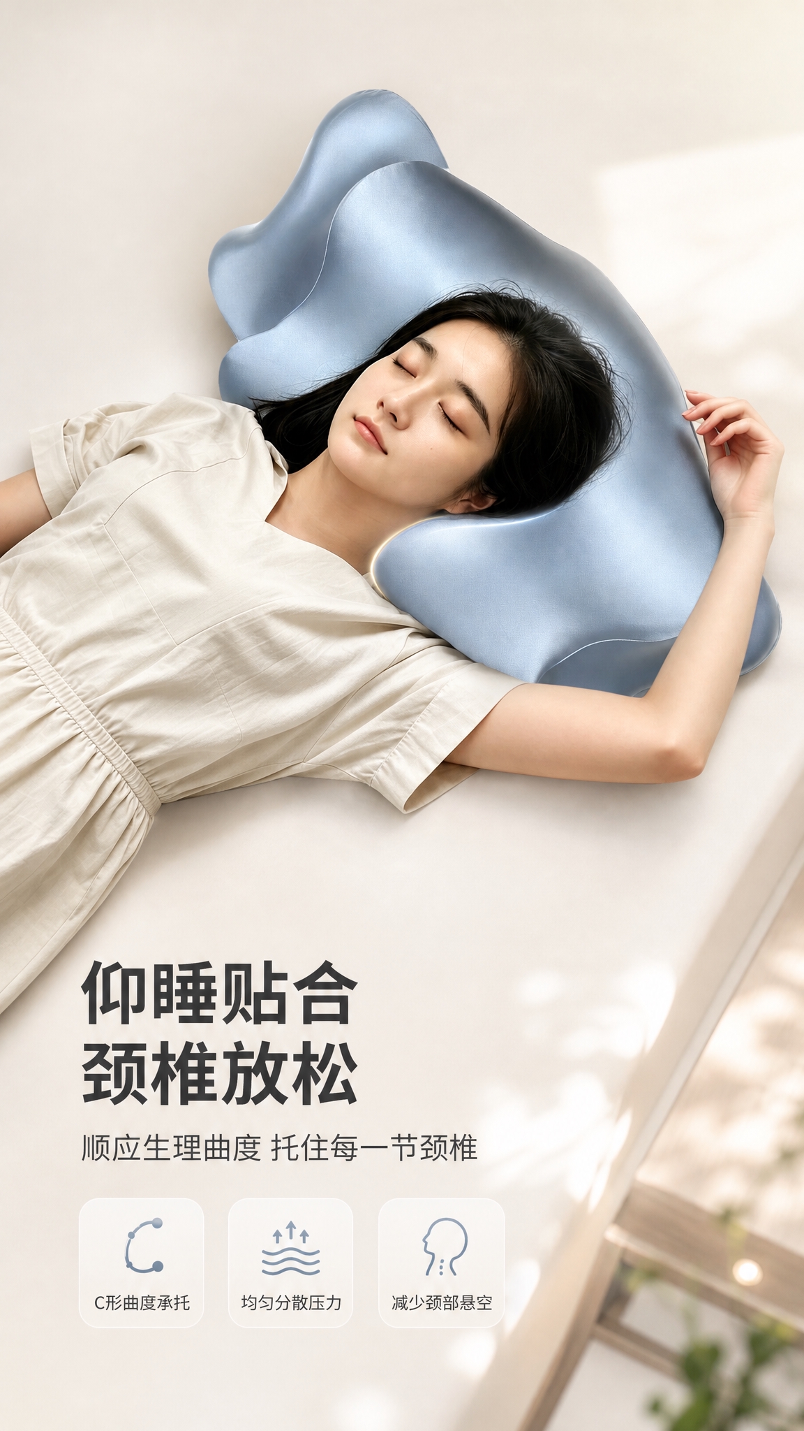 [商品] 使用【图4】雾霾蓝蝶形枕+亚洲女性仰睡图；保留产品蝶… - 图片创意预览
