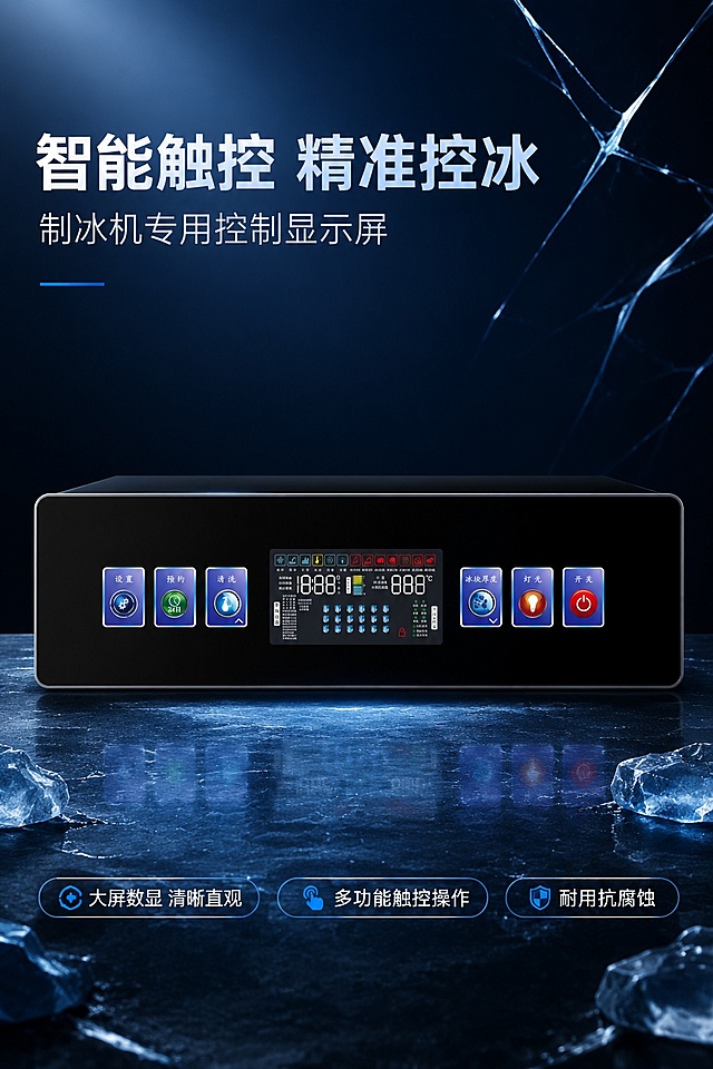 [第1屏] 详情页头图-制冰机控制显示屏产品主宣传图。本屏使用【图1】作为商品主体，【图3】为应用场景参考。
[氛围/风格] 深色科技风，专业商务质感，冷调冰感氛围，高清产品摄影。
[元素布局] 控制显示屏主体居中放置，占比约70%；背景使用渐变深蓝黑色调，添加淡蓝色冰裂纹装饰线条；产品物理结构、按键布局、显示内容、颜色与输入产品图保持完全一致，突出大屏清晰显示效果。顶部预留主标题区，底部添加信息条。
[光影质感] 顶部冷白光主照明，屏幕区域保留自然反光，底部柔和投影，整体明暗层次清晰，产品轮廓突出。
[配色色系] 全局底色 #0F172A；主色黑色磨砂面板+蓝紫色按键；辅助色冰蓝色装饰线条、白色标题文字。
[视角构图] 正面平视角度，产品为绝对视觉中心，阅读动线从上到下：标题→主体产品→底部信息。
[文字版式] 顶部大标题「智能触控 精准控冰」，副标题「制冰机专用控制显示屏」，均左对齐；底部三个卖点胶囊「大屏数显 清晰直观」「多功能触控操作」「耐用抗腐蚀」，文字不遮挡产品主体，保证移动端清晰可读。
[比例分辨率] 9:16 竖版比例，4K分辨率，文字清晰可辨，高清画质。
[负向提示词] 产品变形，按键错乱，显示文字模糊，颜色偏差，缺件错件，水印，文字过小，背景杂乱
