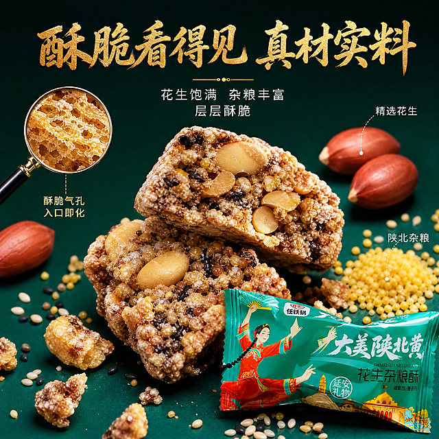 [主图-3] 大美陕北黄花生杂粮酥细节微距与成分展示图。
[氛围风格] 精致微距食欲风，酥脆质感拉满，微观种草。
[画质] 商业微距摄影质感、超高清晰度、纹理细节丰富、食物诱人。
[元素] 画面中心为一块掰开的花生杂粮酥特写，断面清晰展示内部花生颗粒、杂粮碎的丰富层次，酥脆纹理根根分明，表面有糖霜光泽，碎屑散落周围。旁边放着完整的独立小包装（半撕开状态），包装图案与产品图一致。背景为深墨绿色渐变，衬托杂粮酥的金黄酥脆。周围点缀几颗完整的红皮花生、小米粒、芝麻，作为原料展示。放大镜效果局部放大杂粮酥的酥脆气孔纹理，突出口感。**保持独立小包装产品外观（即物理结构、材质质感、颜色、图案文字）与输入产品图完全一致，杜绝任何变形和色差，精细化处理**。杂粮酥主体占比约65%。
[光影] 顶部柔光箱均匀布光，侧后方逆光勾勒杂粮酥边缘轮廓，形成金黄透亮的光晕，断面细节清晰，花生颗粒油亮有光泽，整体光线干净高级，突出食物质感。
[配色] 主色深墨绿色（背景）；辅色金黄色（杂粮酥）；点缀色红棕色（花生）、白色（芝麻/糖霜）；文字色金色与白色。
[视角构图] 俯视微距角度，杂粮酥断面为绝对视觉中心，独立小包装在右下侧做参照，原料散落周围形成自然构图，景深极浅，焦点精准落在杂粮酥断面上。
[文字版式] 顶部居中主标题"酥脆看得见 真材实料"，金色粗体书法字；下方两行小字"花生饱满 杂粮丰富 层层酥脆"，白色细黑体。左侧放大镜旁标注"酥脆气孔 入口即化"金色细字；右侧原料旁分别标注"精选花生""陕北杂粮"白色小字。
[输出要求] 1:1比例，文字清晰锐利可辨，超高清微距摄影质感。
[负向提示词] 变形，文字错乱，产品图模糊，背景杂乱，水印，电商平台Logo，多余的手，畸形手。