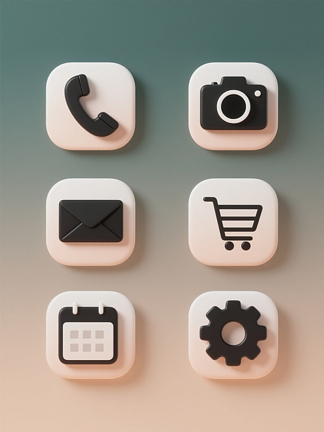 纯色背景，软3D风格，整体采用柔和的渐变色彩，六个规整排布的不同元素内容系列素材集合。每个元素都具有圆润的边角和轻微的立体阴影，呈现出光滑细腻的质感。元素包括：黑色电话图标、信封图标、相机图标、购物车图标、日历图标和设置齿轮图标，所有图标均以简洁的线条勾勒，保持一致的设计语言和视觉权重，形成和谐统一的系列感。