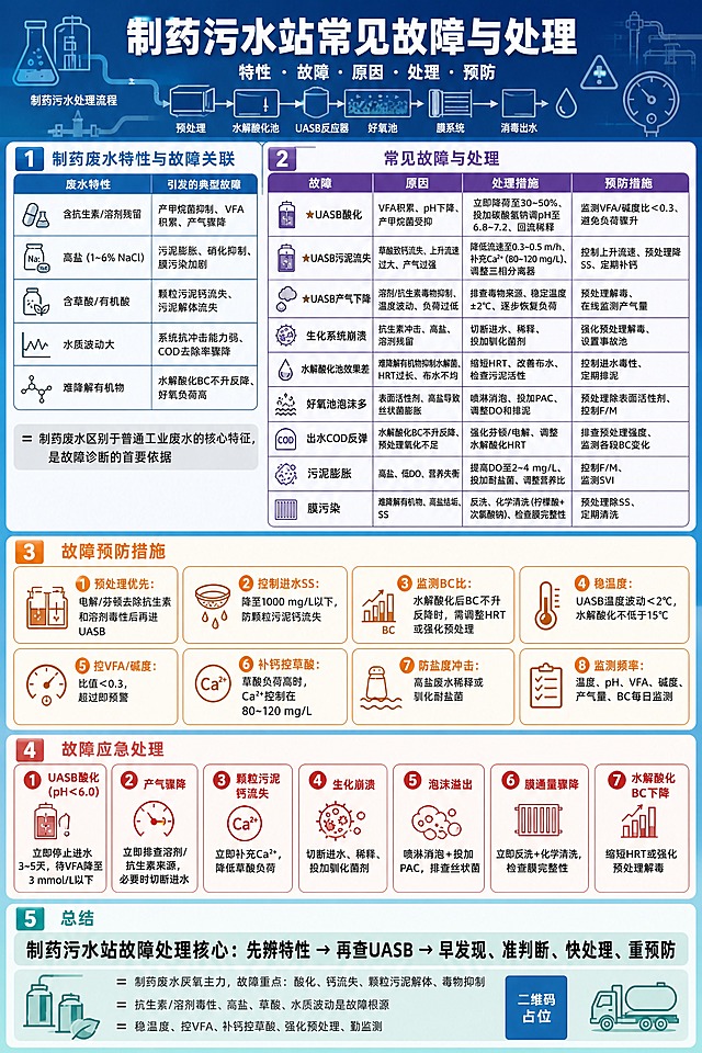 一张竖版A4比例的工业环保风格工程信息图海报，主题为《制药污水站常见故障与处理》，整体风格专业、简洁、工程化，适合环保工程师和污水处理运营人员阅读。

【配色方案】
- 主色调：浅蓝 + 浅绿 + 白色，体现制药与工业感
- 辅助色：橙色用于标注重点，红色用于警示故障，紫色用于厌氧UASB专项，灰色用于辅助文字
- 背景：顶部深蓝色渐变，配制药污水处理流程与故障警示线稿装饰

【字体】
- 标题用粗黑体，正文用思源黑体/微软雅黑风格
- 重点内容加粗

【版式】模块化卡片式布局，从上到下共5大模块，每个模块有独立色块标题栏，多用小标题、表格、箭头流程、标签，一目了然适合快速查阅，整体像一张可打印的工程信息图。

【图标元素】故障警示图标、pH计图标、VFA监测图标、UASB反应器图标、曝气池图标、膜组件图标、污泥车图标等工程化线稿图标点缀。

【页面结构 从上到下】

顶部标题区（深蓝色渐变背景）：
- 主标题大字："制药污水站常见故障与处理"
- 副标题小字："特性 · 故障 · 原因 · 处理 · 预防"
- 背景配制药污水处理流程线稿和故障警示符号装饰

模块1（浅蓝色卡片标题栏）："制药废水特性与故障关联"
- 两列表格卡片：左列"废水特性"，右列"引发的典型故障"
- 第1行：含抗生素/溶剂残留 → 产甲烷菌抑制、VFA积累、产气骤降
- 第2行：高盐（1~6% NaCl） → 污泥膨胀、硝化抑制、膜污染加剧
- 第3行：含草酸/有机酸 → 颗粒污泥钙流失、污泥解体流失
- 第4行：水质波动大 → 系统抗冲击能力弱、COD去除率骤降
- 第5行：难降解有机物 → 水解酸化BC不升反降、好氧负荷高
- 底部灰色标注条："= 制药废水区别于普通工业废水的核心特征，是故障诊断的首要依据"

模块2（紫色卡片标题栏，UASB专项色）："常见故障与处理"
- 四列表格：故障 | 原因 | 处理措施 | 预防措施
- ★UASB酸化：VFA积累、pH下降、产甲烷菌受抑 | 立即降荷至30~50%、投加碳酸氢钠调pH至6.8~7.2、回流稀释 | 监测VFA/碱度比＜0.3、避免负荷骤升
- ★UASB污泥流失：草酸致钙流失、上升流速过大、产气过强 | 降低流速至0.3~0.5 m/h、补充Ca²⁺（80~120 mg/L）、调整三相分离器 | 控制上升流速、预处理降SS、定期补钙
- ★UASB产气下降：溶剂/抗生素毒物抑制、温度波动、负荷过低 | 排查毒物来源、稳定温度±2℃、逐步恢复负荷 | 预处理解毒、在线监测产气量
- 生化系统崩溃：抗生素冲击、高盐、溶剂残留 | 切断进水、稀释、投加驯化菌剂 | 强化预处理解毒、设置事故池
- 水解酸化池效果差：难降解有机物抑制水解菌、HRT过长、布水不均 | 缩短HRT、改善布水、检查污泥活性 | 控制进水毒性、定期排泥
- 好氧池泡沫多：表面活性剂、高盐导致丝状菌膨胀 | 喷淋消泡、投加PAC、调整DO和排泥 | 预处理除表面活性剂、控制F/M
- 出水COD反弹：水解酸化BC不升反降、预处理氧化不足 | 强化芬顿/电解、调整水解酸化HRT | 排查预处理强度、监测各段BC变化
- 污泥膨胀：高盐、低DO、营养失衡 | 提高DO至2~4 mg/L、投加耐盐菌、调整营养比 | 控制F/M、监测SVI
- 膜污染：难降解有机物、高盐结垢、SS | 反洗、化学清洗（柠檬酸+次氯酸钠）、检查膜完整性 | 预处理除SS、定期清洗

模块3（橙色警示框标题栏）："故障预防措施"
- 8条带图标的预防措施，橙色标签式排列：
1. 预处理优先：电解/芬顿去除抗生素和溶剂毒性后再进UASB
2. 控制进水SS：降至1000 mg/L以下，防颗粒污泥钙流失
3. 监测BC比：水解酸化后BC不升反降时，需调整HRT或强化预处理
4. 稳温度：UASB温度波动＜2℃，水解酸化不低于15℃
5. 控VFA/碱度：比值＜0.3，超过即预警
6. 补钙控草酸：草酸负荷高时，Ca²⁺控制在80~120 mg/L
7. 防盐度冲击：高盐废水稀释或驯化耐盐菌
8. 监测频率：温度、pH、VFA、碱度、产气量、BC每日监测

模块4（红色警示卡片标题栏）："故障应急处理"
- 7条红色警示卡片，每条带故障名和应急措施：
- UASB酸化（pH＜6.0）：立即停止进水3~5天，待VFA降至3 mmol/L以下
- 产气骤降：立即排查溶剂/抗生素来源，必要时切断进水
- 颗粒污泥钙流失：立即补充Ca²⁺，降低草酸负荷
- 生化崩溃：切断进水、稀释、投加驯化菌剂
- 泡沫溢出：喷淋消泡+投加PAC，排查丝状菌
- 膜通量骤降：立即反洗+化学清洗，检查膜完整性
- 水解酸化BC下降：缩短HRT或强化预处理解毒

模块5（底部总结区，浅蓝绿渐变底）："总结"
- 大字号加粗一句话："制药污水站故障处理核心：先辨特性 → 再查UASB → 早发现、准判断、快处理、重预防"
- 底部3条灰色等号标注：
  "= 制药废水厌氧主力，故障重点：酸化、钙流失、颗粒污泥解体、毒物抑制"
  "= 抗生素/溶剂毒性、高盐、草酸、水质波动是故障根源"
  "= 稳温度、控VFA、补钙控草酸、强化预处理、勤监测"

【硬约束】
- 画面中所有信息区域、表格、卡片、列表必须填充完整合理的内容，不得出现空白框、空白占位、空列表项、空单元格
- 画面中所有数字必须精确渲染，不得错位、遗漏或编造
- 所有文字清晰可读，字号适合阅读
- 排版精美，模块化卡片式布局，工程化信息图风格
- 画面中所有二维码区域使用纯色方块占位符呈现，方块中央标注"二维码占位"文字，严禁生成任何可识别的二维码图案