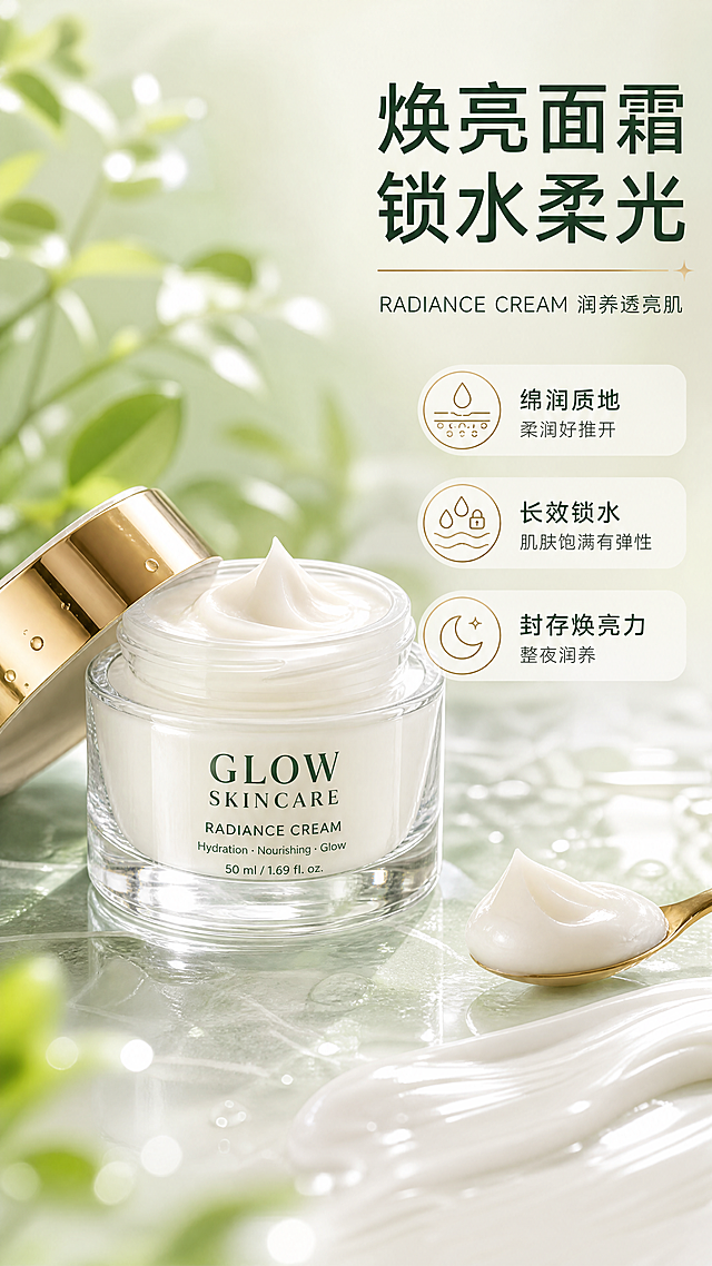 [商品] 使用【图1】中间金色盖白瓶面霜（RADIANCE CREAM）；保留白色瓶身、金色宽瓶盖、GLOW SKINCARE与RADIANCE CREAM等所有瓶身文字、标签图案与颜色比例；可开盖展示，旁边有一勺面霜膏体，真实自然。
[画面] 页面目标：展示面霜锁水滋养、柔润肤感的核心价值。构图：面霜瓶居画面中央偏左，占约45%；右侧为面霜膏体质地微距（奶白色柔润膏体，带细腻光泽）；前景有膏体纹理与柔光光斑，中景产品与质地，后景虚化绿植与浅绿渐变，≥3层视觉层次。
[视觉] 套系策略：风格=清新自然高级商业摄影风，水光通透质感；标题字=现代简约无衬线粗体；正文字=简洁无衬线体；主色=浅薄荷绿+米白；背景延展=基于浅绿做深浅渐变、水光朦胧感与植物叶片虚化层次；强调色=香槟金，仅用于小面积图标描边、引线、标签和高光；标题色=深墨绿；正文色=中灰绿；组件=圆角浅底信息卡、圆形利益icon、细线引线；光影=左前侧柔和自然光，瓶身与膏体有温润高光。
[文字] 右上主标题「焕亮面霜 锁水柔光」，副标题「RADIANCE CREAM 润养透亮肌」；下方3个卖点：「绵润质地 柔润好推开」「长效锁水 肌肤饱满有弹性」「封存焕亮力 整夜润养」；文字均横向排版，不遮挡瓶身主标签，字号保证手机端清晰可读。
[规格] 图片比例9:16竖版，4K分辨率，负向提示：避免变形、错字、文字过小、产品颜色改变、瓶身文字错乱、冷蓝灰背景、医疗功效表述、绝对化用语。