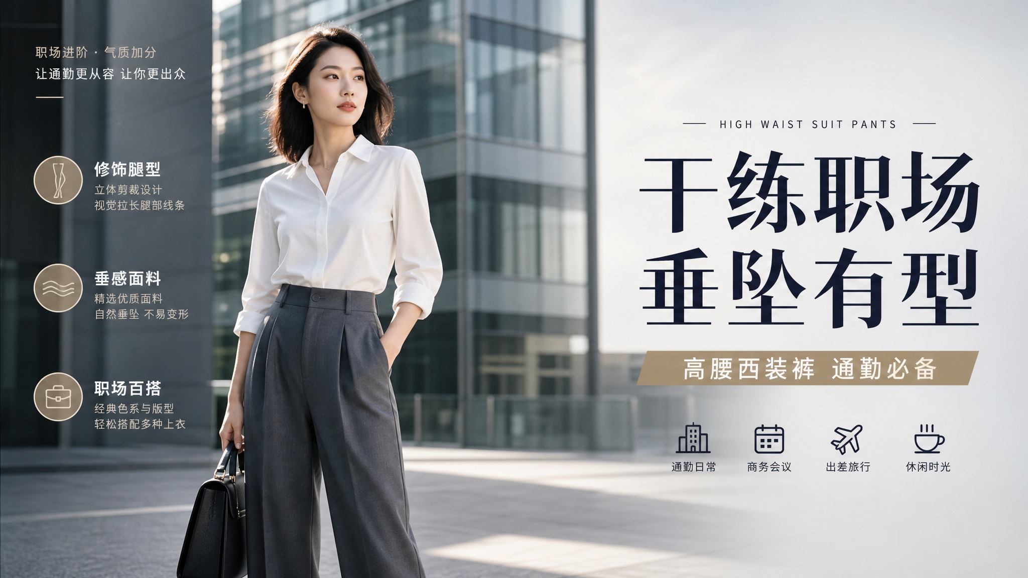 写实商业摄影风格，女装商务风西装裤海报，横版16:9。画面主体… - 图片创意预览
