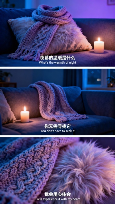 横向三宫格构图，夜晚的客厅场景，深蓝与淡紫渐变色调，画面中包含手工编织的毛线围巾、蜡烛、绒毛抱枕。第一张近景：围巾置于抱枕上，旁边有燃烧的蜡烛，画面中央有字幕“夜幕的温暖是什么”“What's the预览效果