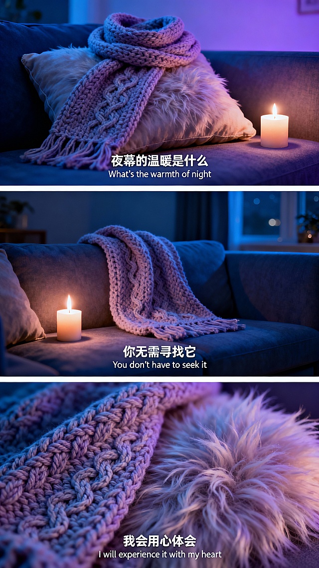 横向三宫格构图，夜晚的客厅场景，深蓝与淡紫渐变色调，画面中包含手工编织的毛线围巾、蜡烛、绒毛抱枕。第一张近景：围巾置于抱枕上，旁边有燃烧的蜡烛，画面中央有字幕“夜幕的温暖是什么”“What's the warmth of night”；第二张中景：围巾轻轻搭在沙发上，烛光摇曳，画面中央有字幕“你无需寻找它”“You don't have to seek it”；第三张特写：围巾上的精致纹理，绒毛在灯光下显得柔软，画面中央有字幕“我会用心体会”“I will experience it with my heart”。整体色调温馨柔和，每张图的字幕居中显示，突出毛线围巾的温暖感，营造夜晚客厅的温馨氛围。