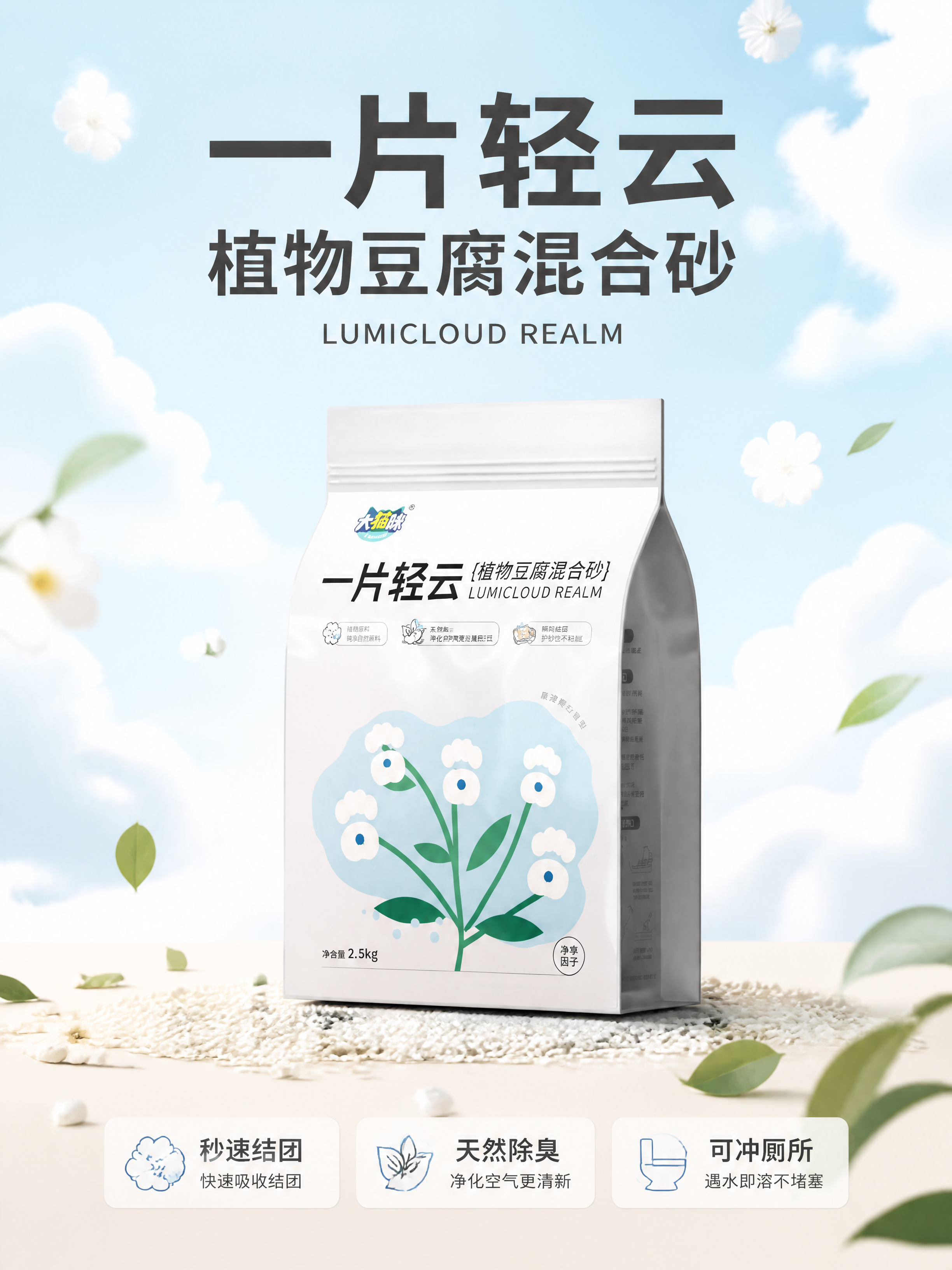[第1张] 详情页头图主视觉-大猫咪一片轻云植物豆腐混合猫砂新… - 图片创意预览