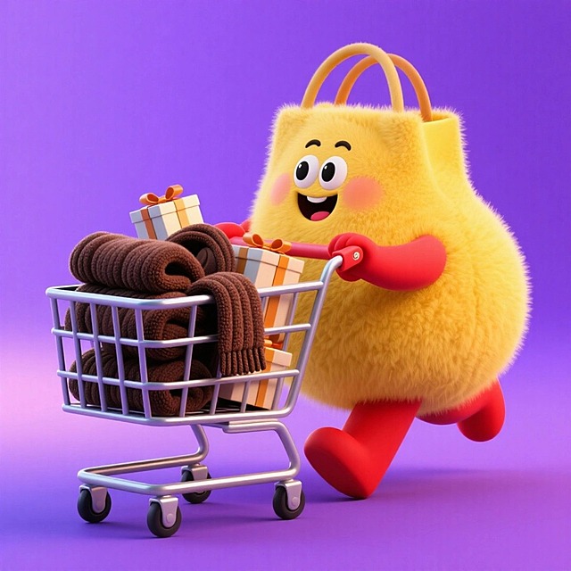 一个拟人化的胖胖黄色购物袋（带着开心的表情，有眼睛、嘴巴和红色手臂）推着一个购物车，购物车里堆满了深棕色商品（包含毛衣、围巾、礼盒等），紫色背景