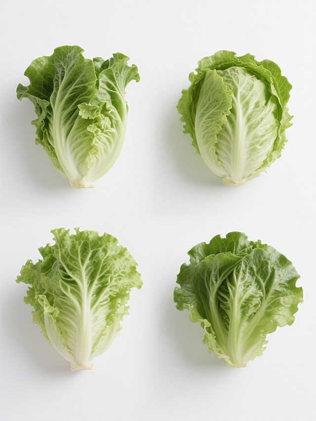 一组4个完全不同造型的生菜元素系列素材集合，保持高清晰写实摄影风格，纯净白色纯色背景，每个生菜均呈现新鲜饱满的质感，叶片纹理清晰可见，绿色色调自然和谐，光影柔和立体感强，整体采用规整的网格状排布，构图平衡对称，确保每个生菜造型独特且细节丰富，适合作为设计素材使用。
