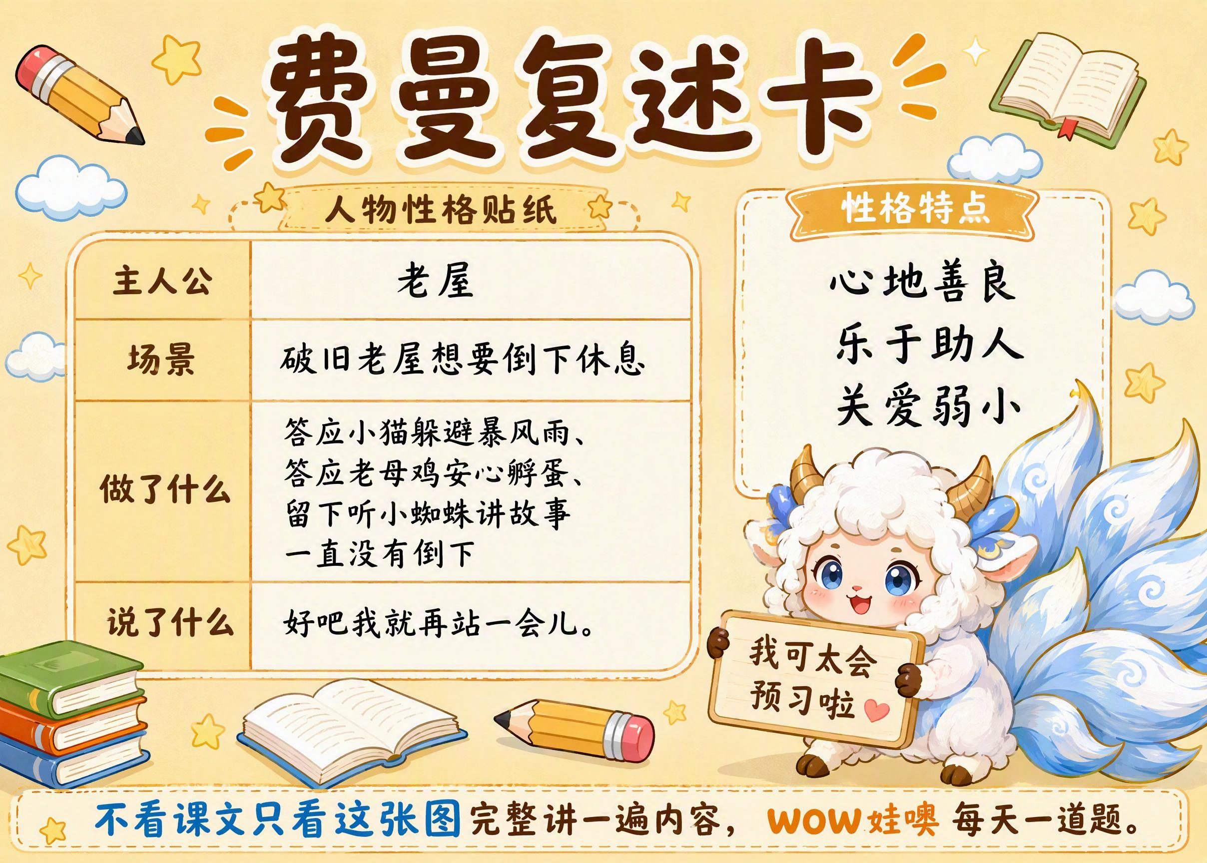 费曼复述卡，卡通手绘风格，暖色调米黄色背景。顶部大字标题费曼复… - 图片创意预览