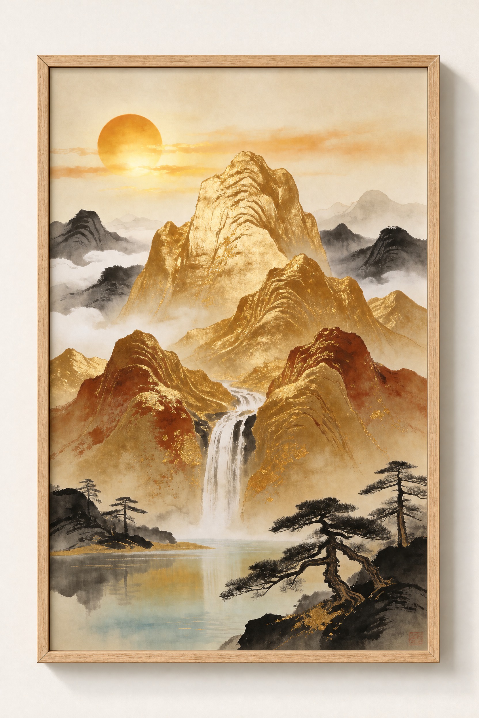 为这张新中式金山山水画芯添加原木色画框：1. 画框为原木色（自… - 图片创意预览