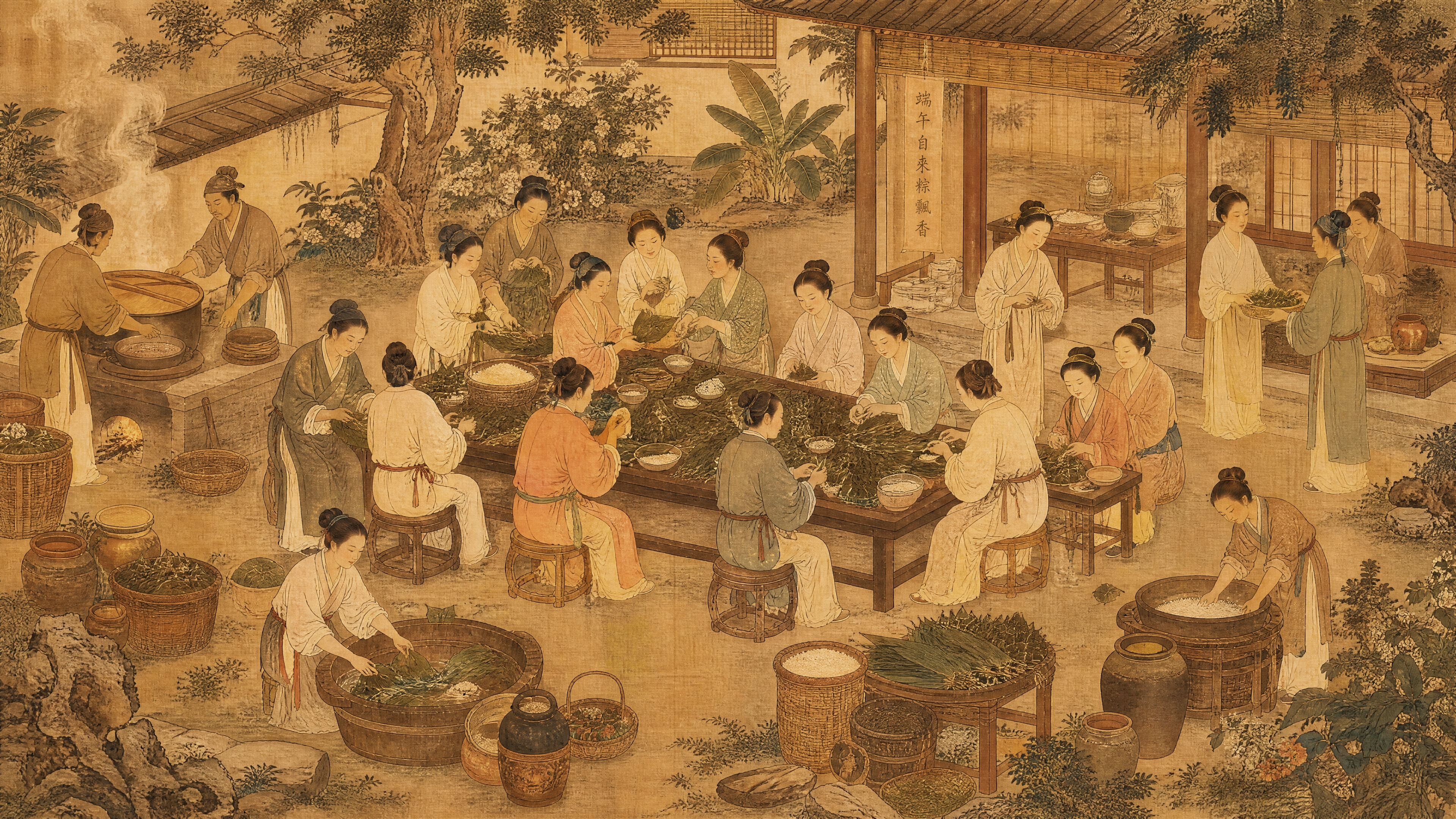 参考中国古代工笔重彩人物画风格，画面中多位身着宋代汉服的古人围… - 图片创意预览