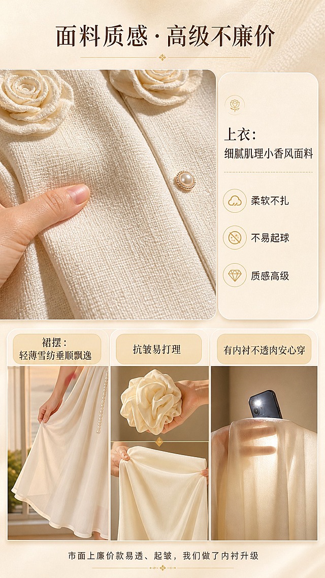 [商品] 使用【图1】米白小香风假两件套装连衣裙；商品处理：保留服装全部结构和颜色；重点展示上衣小香风面料肌理和裙摆雪纺面料的质感，增强纹理细节和垂坠感。
[画面] 页面目标：面料质感展示，打消廉价感顾虑；构图骨架：上下分两区，上区上衣面料特写，下区分三小格展示雪纺裙摆特性；上半部分左侧为小香风面料微距特写（手指轻触），右侧为面料信息卡；下半部分三格并排：左格-雪纺垂顺飘逸特写（手拎裙摆）、中格-揉搓抗皱演示（揉成团展开后无明显褶皱）、右格-透光测试（手机灯光照不透，证明有内衬不透肉）。
[视觉] 套系策略：风格=落日柔光居家氛围感商业摄影；标题字=纤细优雅宋体（衬线体）；正文字=简洁无衬线体；主色=奶杏米白；背景延展=基于暖米色做深浅层级、同色渐变和细腻织物/纸张质感；强调色=浅金色，仅用于小面积图标、引线、标签底纹和装饰线；标题色=深暖棕；正文色=中暖灰；组件=圆角浅底信息卡、细线引线、浅金小标签；光影=柔和侧光突出面料纹理，整体暖调。
[文字] 顶部大标题"面料质感·高级不廉价"；上区右侧卡片"上衣：细腻肌理小香风面料 / 柔软不扎 / 不易起球 / 质感高级"；下区三格分别标注"裙摆：轻薄雪纺垂顺飘逸""抗皱易打理""有内衬不透肉安心穿"；底部小字对比"市面上廉价款易透、起皱，我们做了内衬升级"；文字全部横排。
[规格] 图片比例9:16竖版，4K，避免变形、错字、文字过小、冷蓝/蓝灰背景、衣服颜色改变、版型失真、极限词、平台Logo水印。