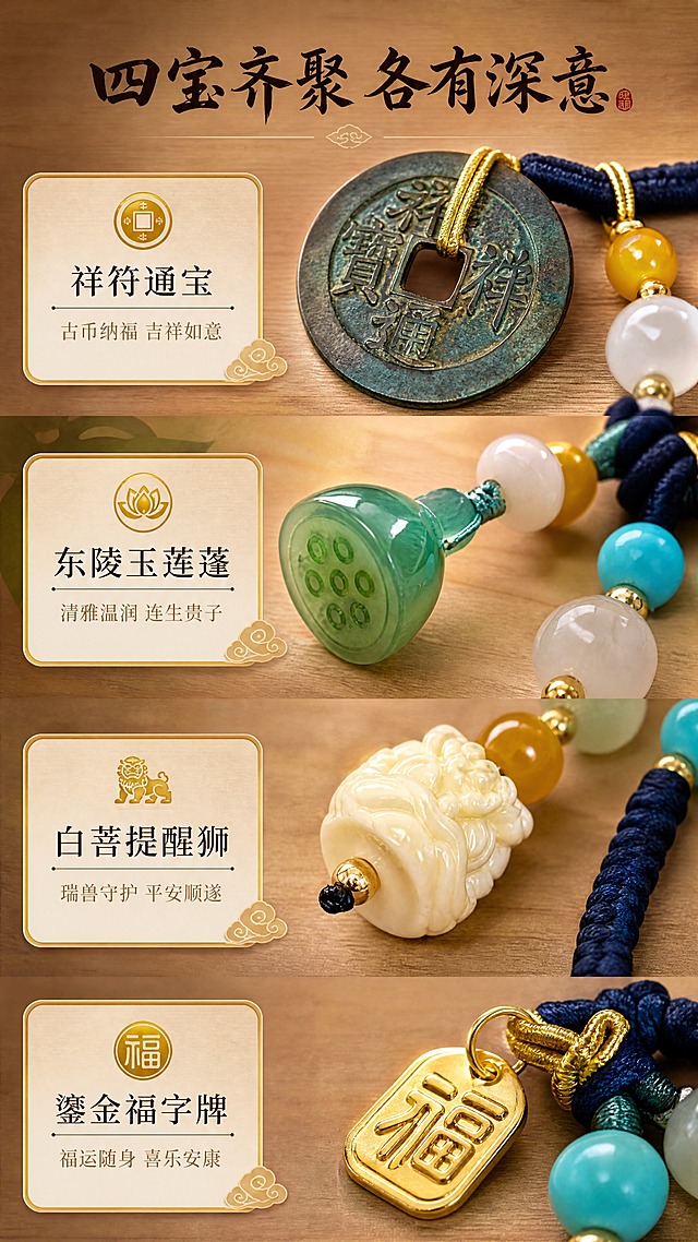 [商品] 使用【图2】祥符通宝古币多宝串挂饰近景细节图；保留完整结构和各部件：祥符通宝青铜古币（带自然铜锈）、东陵玉绿色莲蓬（雕刻莲子细节）、白菩提根醒狮（雕刻瑞兽纹理）、鎏金福字牌（福字清晰）、各色配珠与藏青编绳；增强各材质微距质感：古币铜锈肌理、玉石通透光泽、菩提雕刻纹路、金属福字亮面。
[画面] 页面目标：细节拆解，逐一展示四大核心配件的材质与寓意，建立价值感；构图竖版9:16，上下分四区纵向排列，每区展示一个配件微距特写+名称寓意：上方古币、次上玉莲蓬、次下醒狮、下方福字牌；每区配小圆角卡放名称和1句寓意；产品细节占各区约60%，背景统一暖木棕渐变。
[视觉] 套系策略：风格=东方新中式禅意商业摄影；标题字=国风手写书法体；正文字=现代细宋体；主色=暖木棕+藏青+玉绿；背景延展=基于暖木棕做深浅层级、同色渐变和原木/宣纸质感；强调色=鎏金色，仅用于小面积图标、引线和福字高光；标题色=深墨褐；正文色=暖炭灰；组件=圆角描金信息卡、细金线引线、祥云小图标；光影=左前侧暖柔光，柔和阴影，温润通透。
[文字] 顶部主标题「四宝齐聚 各有深意」，下方四个配件分别配文：「祥符通宝 · 古币纳福 吉祥如意」「东陵玉莲蓬 · 清雅温润 连生贵子」「白菩提醒狮 · 瑞兽守护 平安顺遂」「鎏金福字牌 · 福运随身 喜乐安康」，每段文字在对应配件旁，全部横排。
[规格] 图片比例9:16竖版，4K分辨率，淘宝/天猫详情页适配，避免变形、错字、文字过小、冷蓝背景、商品部件缺失、颜色失真、绝对化用语。