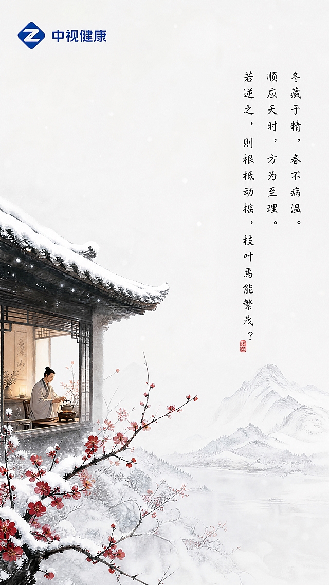 艺术摄影风格，自然清新色调，史诗级创意摄影，高级国风排版，大面积留白，极简设计风。画面主体：冬日雪景，梅花傲雪绽放，枝头覆雪，远处山峦银装素裹，一位古人在窗前围炉煮茶，室内温暖如春。左上角放置蓝色'中视健康'logo（菱形Z形图标+中视健康文字）。右侧竖排书法字体文案：'冬藏于精，春不病温。顺应天时，方为至理。若逆之，则根柢动摇，枝叶焉能繁茂？' 画面大面积留白，银白与红梅相映，冬日静谧，东方美学，藏养之道。