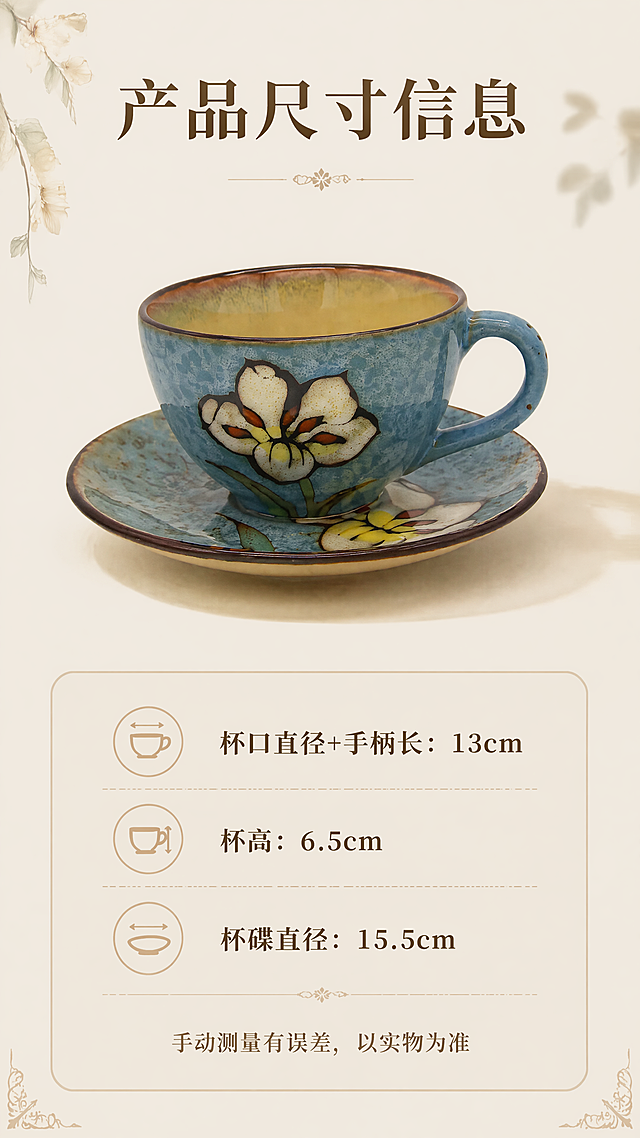 [第1屏] 产品规格尺寸信息图，商品为雾蓝浅棠窑变手绘白花咖啡杯碟复古温柔风下午茶拿铁套杯。本屏使用【图1】作为商品主体，保留产品原有颜色、手绘花朵图案和窑变纹理质感。
[氛围/风格] 复古温柔风，清新雅致，简约干净的商业电商详情页设计，暖调温馨质感。
[元素布局] 商品杯碟置于画面上半部分，占比约60%-65%，下半部分为尺寸参数信息区；整体构图为上下结构，产品展示在上，参数信息在下，产品的物理结构、比例轮廓、颜色花纹与输入产品图完全一致，保留窑变釉面质感和手绘细节。
[光影质感] 左侧柔光打光，右侧自然过渡，杯碟保留清晰高光和自然投影，整体明暗层次清晰，产品细节真实还原。
[配色色系] 全局底色 #F5F5F0，主体保留原产品雾蓝色+奶黄色+白色手绘花配色，文字信息区使用深棕色文字和浅米色卡片，辅助色为浅棕色边框。
[视角构图] 正面平视，产品居中，阅读动线从上到下，符合移动端浏览习惯。
[文字版式] 顶部主标题“产品尺寸信息”，下方为参数列表，依次标注："杯口直径+手柄长：13cm"、"杯高：6.5cm"、"杯碟直径：15.5cm"，底部标注小字备注"手动测量有误差，以实物为准"。文字版式居中对齐，主标题加粗放大，参数清晰排版，文字大小适合移动端阅读，不遮挡产品主体，文字清晰可辨。
[比例分辨率] 比例9:16，分辨率4K，文字清晰可读。
[负向提示词] 产品变形，颜色偏差，文字错乱，文字过小，缺件错件，结构错误，水印，产品图模糊，背景杂乱