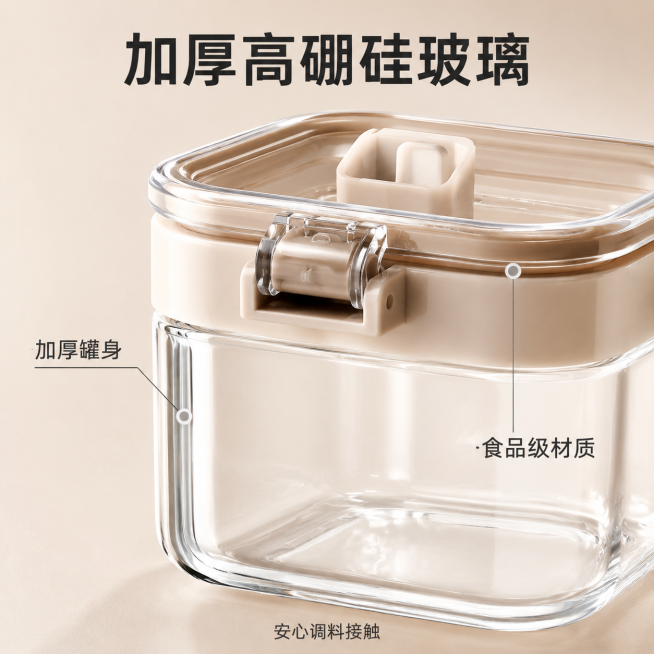 [主图-3] 加厚玻璃材质细节特写。[氛围风格] 质感突出的产品细节展示。[画质] 商业摄影质感、光线柔和通透、产品清晰真实、画面干净高级。[元素] 特写展示单个调料收纳盒的玻璃罐身和密封盖部分，放大预览效果