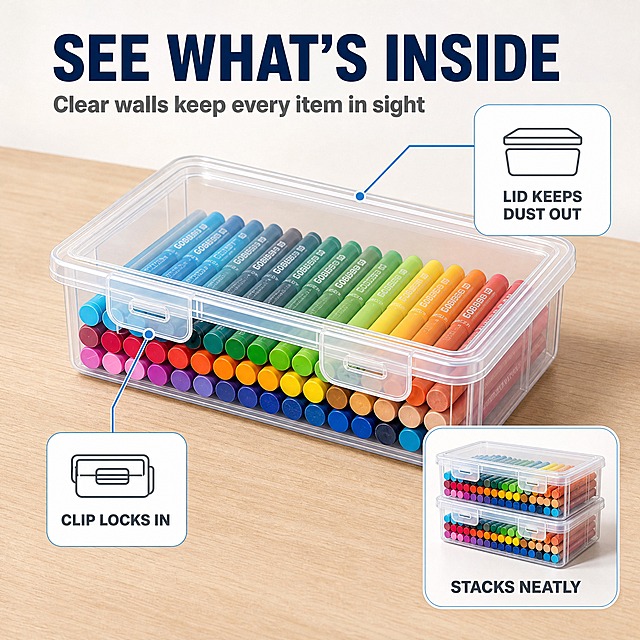 [主图-2] Clear Stackable Storage Boxes with Lids — See-Through Organizer Cases for Pens Markers Craft Supplies and Small Parts 透明可视与结构图。唯一任务：用一个核心购买结论说明盒体透明、盖上有卡扣，盒内物品一眼看清且不会散落；本图不重复材质微距、尺寸参照与整理步骤。
[统一基调] 明亮通透的桌面收纳电商信息图；暖白与浅灰白底、原木桌面与浅灰柜内为环境色；主标题深海军蓝，辅助文案中灰，强调色清透蓝；全套只用一种几何无衬线粗体字，标题最粗最大、辅助文案缩小五成以上且只变字号层级不换字体；组件统一为 12px 圆角白卡配 1px 浅灰描边与 2px 线性图标；光影统一左上方明亮柔光、产品下方自然接触阴影。
[画面] 暖白到浅灰白柔和渐变底，配浅原木色桌面作为真实弱场景；画面中央为一只盖好的透明收纳盒以 30° 俯视角度摆放，盒内整齐排列的彩色马克笔透过透明盒壁完全看得清；用两条细引线分别从盒盖与前部卡扣引出，各指向一张白色圆角结构卡：盒盖卡配线性盒盖图标并写 "LID KEEPS DUST OUT"，卡扣卡配线性卡扣图标并写 "CLIP LOCKS IN"; 画面右下角一个圆角小窗作为语境组件，展示两只盒子上下叠放、叠放层间贴合整齐的状态，配短标签 "STACKS NEATLY"，小窗带名称标注；主标题 "SEE WHAT'S INSIDE" 放在画面上方留白区，下方一行中灰辅助文案 "Clear walls keep every item in sight"。
[光影质感] 左上明亮柔光，盒体在桌面有真实接触阴影，透明盒壁呈清透质感与细窄高光，盒内彩色笔色彩饱和干净，小窗内保持同一光向。
[配色] 暖白与浅灰白渐变底、浅木色桌面；深海军蓝标题、中灰辅助文案；清透蓝只作卡片描边与强调色；线性图标统一深灰。
[文字版式] 沿用统一几何无衬线粗体；主标题最粗最大且全大写，辅助文案与卡片说明缩小五成以上；全部横排、不遮挡产品与小窗。
[输出要求] 比例 1:1（2048×2048），文字与产品均清晰可读；负向：盒体变形、卡扣结构错误、盒盖透明或模糊、内容物串色、中文文字、错字、图标风格混搭、杂乱、水印、平台 Logo。