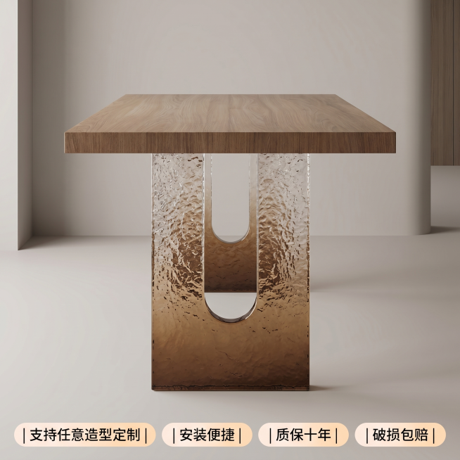 [主图 5] 定制服务售后保障展示。
[氛围风格] 现代简约舒适风，专业服务展示；
[画质] 商业摄影质感、光线柔和通透、产品清晰真实、画面干净高级。
[元素] 主角是安装完成的渐变茶色亚克力桌腿支撑预览效果