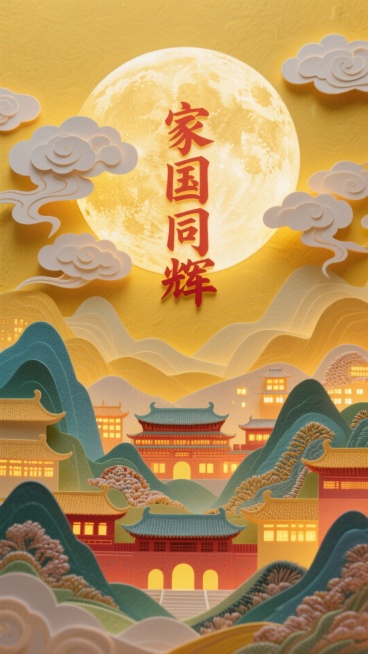 一轮巨大的圆月为占据画面中心的特写，底部以刺绣风格呈现出全景的山峦叠嶂间呈现古今建筑里万家灯火渐变温暖的光影，祥云装饰，突显中秋节日氛围，黄色调基底，月亮正下方，建筑万家灯火中间国风金红色字体“家国同预览效果