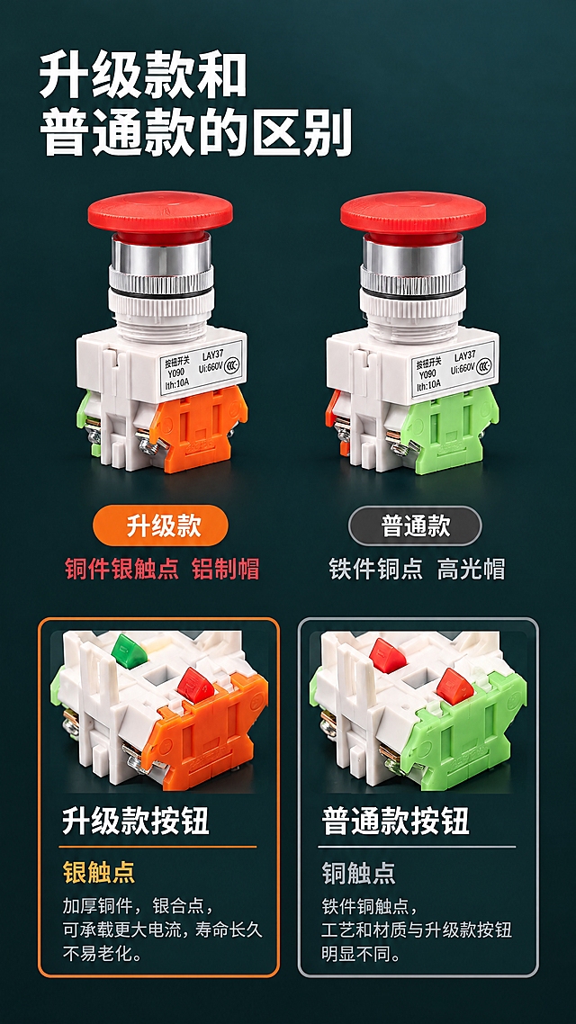 750px宽竖版详情页，LAY37蘑菇头按钮升级款vs普通款对比，全部用思源黑体。

产品处理：上半部分两个蘑菇头按钮开关并排对比，从原白底抠出，形状颜色不改：左侧升级款红色蘑菇头+银色铝圈+白色底座+橙色触点模块，右侧普通款红色蘑菇头+银色铝圈+白色底座+绿色触点模块；下半部分两个触点模块特写图并排对比：左侧升级款触点特写（橙色底座带绿色铜片），右侧普通款触点特写（绿色底座带红色拨片）；不要重新生成产品，不要AI重绘产品表面；擦除所有产品底座标签上的同行logo、菱形标志、品牌名、公司名（如出现），擦后补白不留残影；标签参数保留：按钮开关、Y090、Ith:10A、LAY37、Ui:660V、CCC标志，位置不动。

保留文案全部思源黑体：顶部大标题（白色粗黑，左对齐）升级款和、普通款的区别（分两行）；上半部分两个产品下方的对比标签：左侧橙色圆角胶囊标签（白字）升级款，标签下方红字铜件银触点 铝制帽；右侧深灰圆角胶囊标签（白字）普通款，标签下方浅灰字铁件铜点 高光帽；下半部分两个特写卡片：左侧卡片（橙色细边框）标题白字升级款按钮，副标题橙黄字银触点，正文浅灰白字加厚铜件，银合点，可承载更大电流，寿命长久，不易老化；右侧卡片（浅灰细边框）标题白字普通款按钮，副标题浅灰字铜触点，正文浅灰白字铁件铜触点，工艺和材质与升级款按钮明显不同。

新排版设计：整张图是上下连贯的长图，不要断开成两张；上半区两个产品水平并排居中，左右间距均等，产品下方紧接各自标签和说明文字；下半区两个特写卡片水平并排居中，卡片大小一致，卡片内文字左对齐；上下两半区之间留足够留白；除两个胶囊标签和两个卡片边框外，不要加多余矩形框；升级款用橙色系、普通款用深灰系。

新背景：深墨青色渐变背景（顶部#1E3A3A，到底部#0F2424），和前一张详情首屏保持同一系列色调。产品脚下有自然深色投影，银色铝圈打一道高光，橙色触点模块带一点暖反光，极简工业风。不要米杏色、不要冷蓝、不要大理石、不要浅色底。