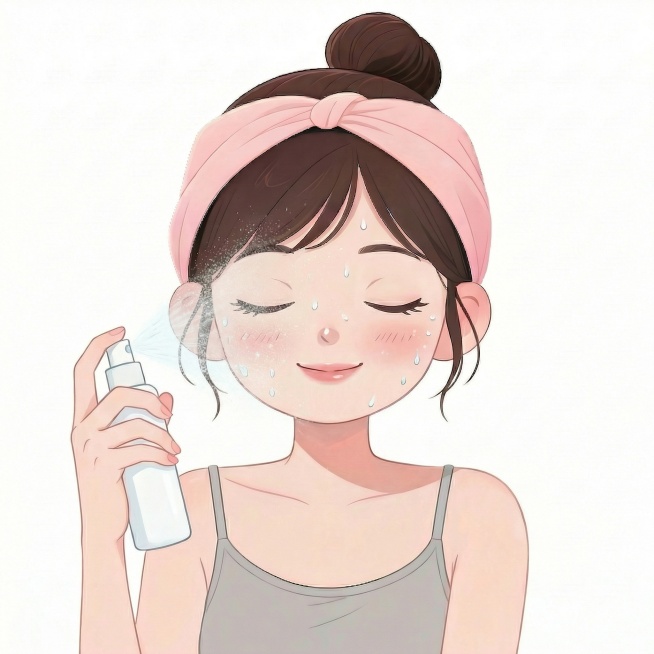 修改图中：让女孩头侧向左边，不直视前方，闭上眼睛，身上不要有水，只在脸上保留少许水珠，保留原图的卡通插画风格、丸子头发型、粉色发带、灰色吊带服饰和使用喷雾护肤的场景预览效果