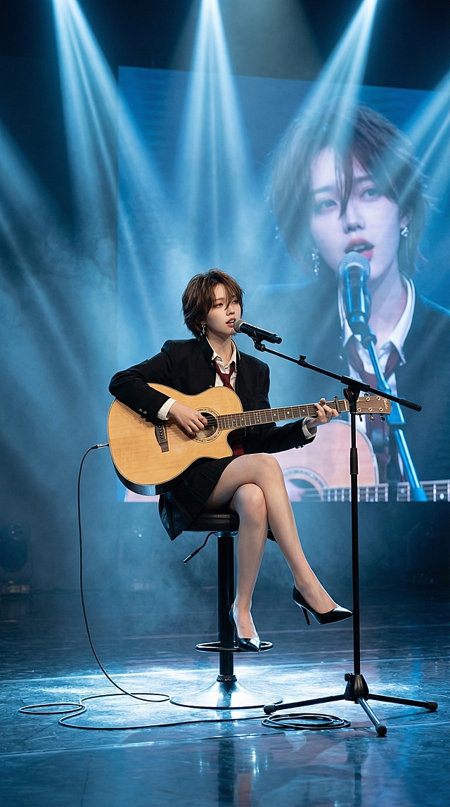 光影交错的舞台，胶片质感与双重曝光手法交织，营造出文艺而优雅的氛围，时尚与实景感并存，呈现一场动人的音乐叙事。