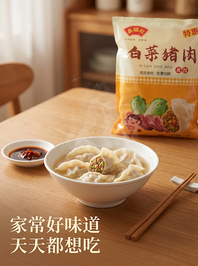 [主图 4] 喜福记白菜猪肉水饺食用场景展示；
[氛围风格] 温馨家庭用餐场景，真实有代入感；
[画质] 商业摄影质感、光线柔和通透、产品清晰真实、画面干净高级；
[元素] 一碗煮好的白菜猪肉水饺摆放在木质餐桌上，水饺漂浮在汤中，旁边放着醋碟和筷子，背景虚化处隐约可见产品包装袋，营造出温馨居家用餐氛围。保持包装袋外观与输入产品图绝对一致，杜绝任何变形和色差。商品主体占比严格控制在 70% 左右，画面满屏无边框；
[光影] 暖色调室内自然光，柔和温暖，突出水饺热气腾腾刚出锅的感觉，氛围舒适；
[配色] 暖木色餐桌、白色瓷碗，水饺本身自然颜色，整体温馨治愈；
[视角构图] 第一人称Vlog视角，略微俯视，突出碗中的水饺；
[文字版式] 左下角标注“家常好味道 天天都想吃”，浅色字体不抢主体，自然融入场景；
[比例分辨率] 3:4 比例，2k 分辨率；文字清晰可辨，超高清；
[负向提示词] 变形，水印，文字错乱，产品图模糊，背景杂乱，冷色调，脏乱桌面
