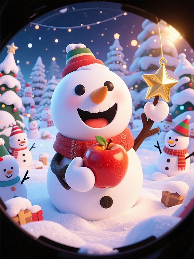 POV 视角，广角鱼眼效果，带圆形暗角镜头感。雪人举着鎏金星星挂饰，双手抱着平安果，圆脑袋向鱼眼镜头贴近，向镜头内 “微笑”。背景是堆着雪人的圣诞庄园场景。