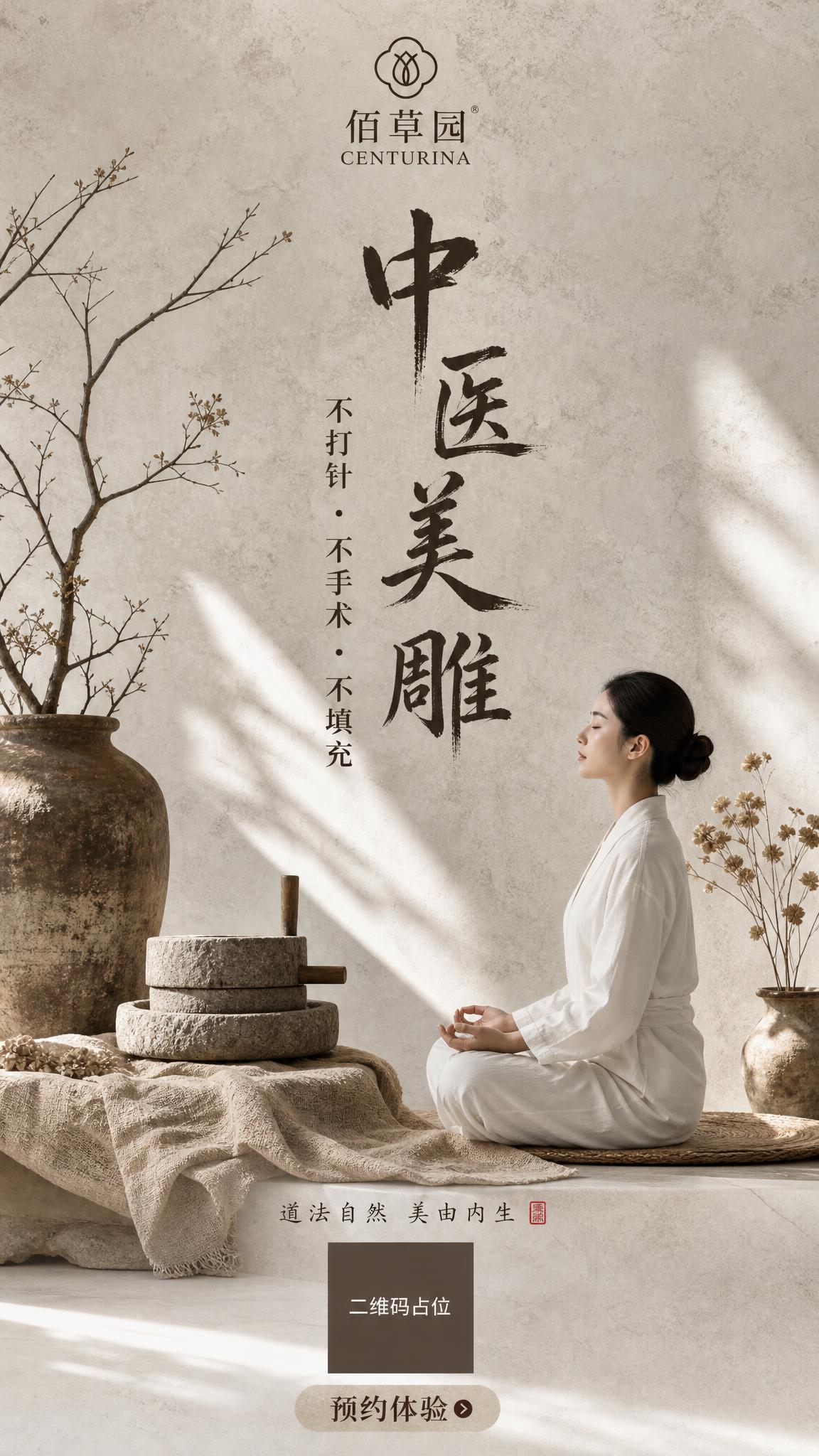 禅意侘寂风格佰草园中医美雕品牌海报，竖版9:16。顶部放置「佰… - 图片创意预览