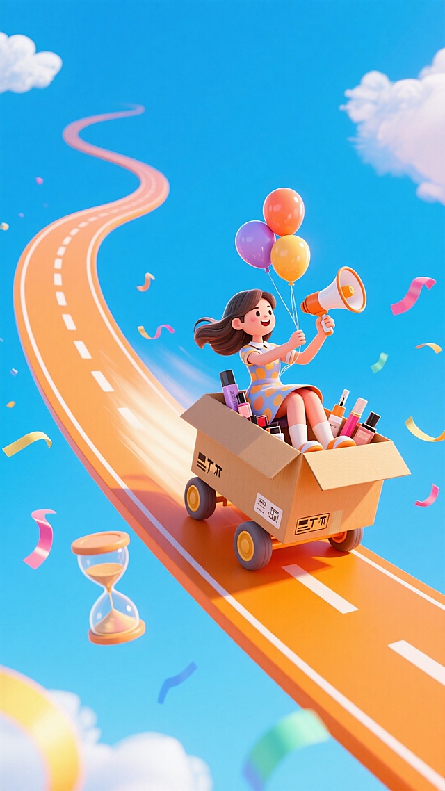 一条悬浮在空中的橙色曲线道路，上面有一个女生坐在四个轮子的快递盒里顺着道路冲，强动态感，手上拿着喇叭，快递盒上系着气球，里面有各类化妆品，周围点缀彩带、沙漏等元素，蓝天背景
