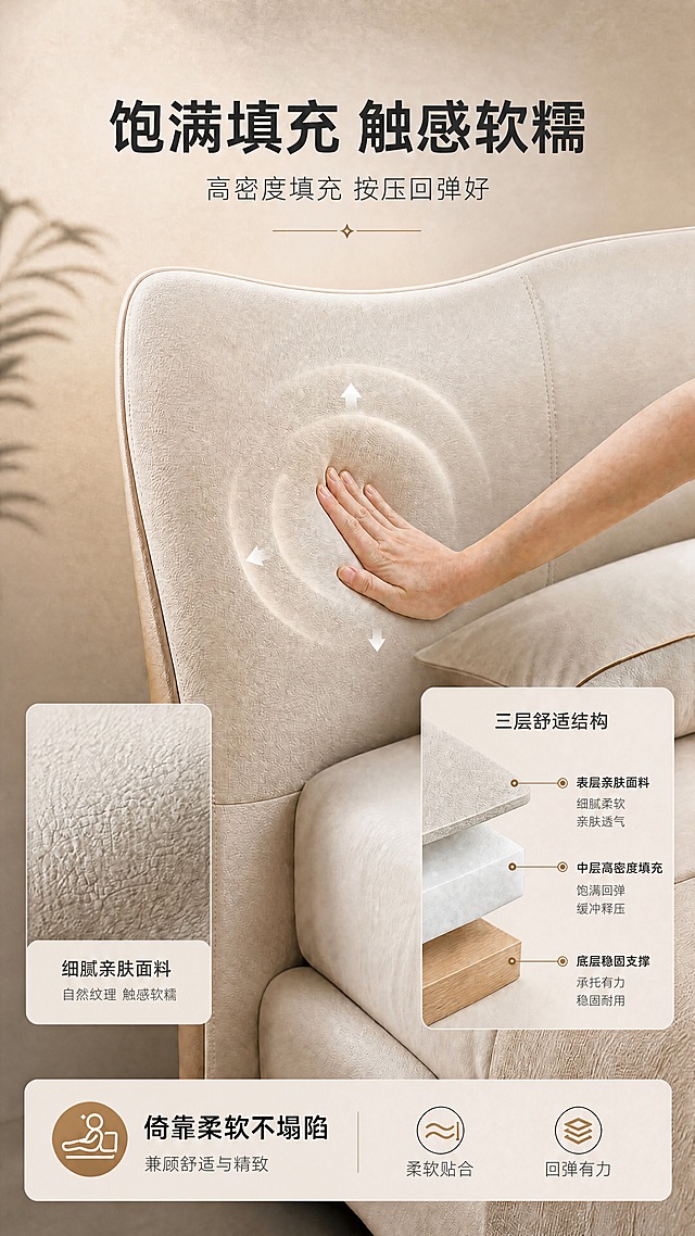 修改床头造型：将床头改为微微月牙形的弧度，即床头顶部中间略微向内凹陷、两侧稍高，形成柔和的月牙弯曲线条，而非平直或纯圆弧顶部。保持床头整体高度、厚度、米色面料材质、缝线细节不变。画面中所有文字内容、排版位置、按压的手及回弹波纹效果、面料特写小图、三层结构示意图、底部图标栏、背景环境、光影氛围均保持原样不变。仅修改床头顶部轮廓为月牙形弧度。