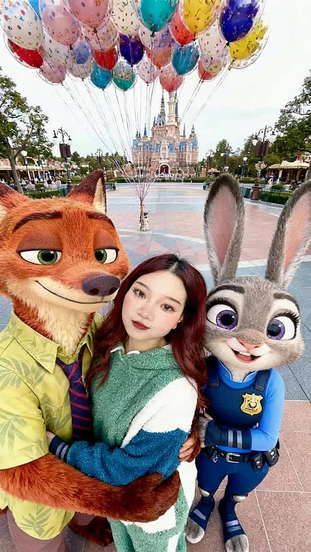 梦幻感与卡通感交织，3D角色风结合毛发生长细节，呈现温馨趣味的迪士尼乐园场景，动漫风设计手法赋予画面生动可爱氛围。