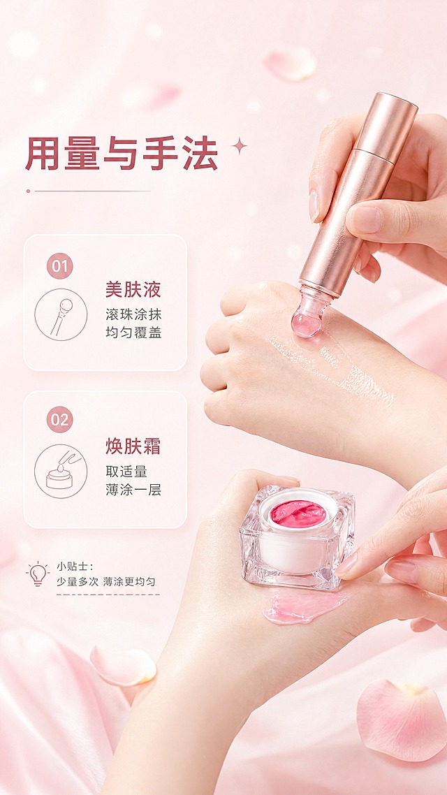 [商品] 使用【图2】套盒中的玫瑰金美肤液管与水晶焕肤霜罐、【图3】开盖罐体与粉色膏体、【图1】膏体质地作为素材；保留产品结构与包装本体文字，不沿用输入图中的宣传文字与竖排标题。
[画面] 目标：用量与手法页；9:16竖构图，左文右图：左侧上部放主标题与两条要点文字，左侧下部放一条小字提示；右侧为产品与手部局部：玫瑰金美肤液管以滚珠头在肌肤上均匀滑动涂抹，下方为指腹从水晶罐中取少量焕肤霜在手背薄薄抹开；只出现手部与手臂局部，不出现人脸与全身；背景浅粉渐变加花瓣与柔光光斑。
[视觉] 套系策略：风格=淘宝天猫粉调柔光说明型商业摄影；标题字=现代无衬线粗体；正文字=简洁无衬线体；主色=柔雾浅粉；背景延展=浅粉到奶白渐变、花瓣与柔光光斑、轻微丝绸质感；强调色=玫瑰金，仅用于小面积图标、引线和标签；标题色=深玫红；正文色=暖灰粉；组件=奶白半透明圆角卡片、圆形序号、细线图标；光影=左前侧柔光箱光，膏体水润、皮肤自然。
[文字] 主标题"用量与手法"最大号加粗；要点一"美肤液 滚珠涂抹 均匀覆盖"；要点二"焕肤霜 取适量 薄涂一层"；底部小字"少量多次 薄涂更均匀"；所有文字仅横向排版，不遮挡产品与手部。
[规格] 9:16竖版，4K；严禁出现黑色素、粉嫩、少女、脱屑、代谢、部位名称（乳晕/乳头/私密/唇嘴）、见效天数等字样；避免畸形手、多余手指、产品变形、错字乱码、水印、平台Logo、竖排文字。