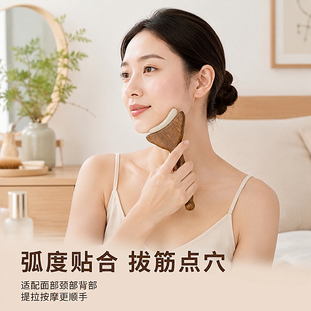 [主图-3] 树脂月牙刮痧铲弧度贴合优势展示主图
[氛围风格] 真实使用场景，自然生活化
[画质] 商业摄影质感，光线柔和自然，产品细节清晰
[元素] 保持刮痧铲产品外观结构颜色与原图一致，展示亚洲女生手握住檀木手柄，将刮痧铲轻贴在面部下颌线处，展示月牙弧度完美贴合肌肤轮廓，背景为简约浅色系卧室梳妆桌面，摆放少量天然绿植点缀，产品和手部为视觉中心，商品主体清晰，不被遮挡
[光影] 自然室内柔光，突出产品温润质感和贴合弧度，整体通透不暗沉
[配色] 浅暖色调，产品原色突出，整体自然清新
[视角构图] 平视中景，景深适中，重点突出刮痧铲与面部贴合的弧度
[文字版式] 底部负空间，大字文案“弧度贴合 拨筋点穴”深棕色粗体，辅助短句分两行左对齐“适配面部颈部背部”“提拉按摩更顺手”，文字不遮挡产品和操作动作
[输出要求] 1:1比例，文字清晰可辨，超高清商业摄影质感
[负向提示词] 变形，文字错乱，产品模糊，背景杂乱，水印，电商平台Logo