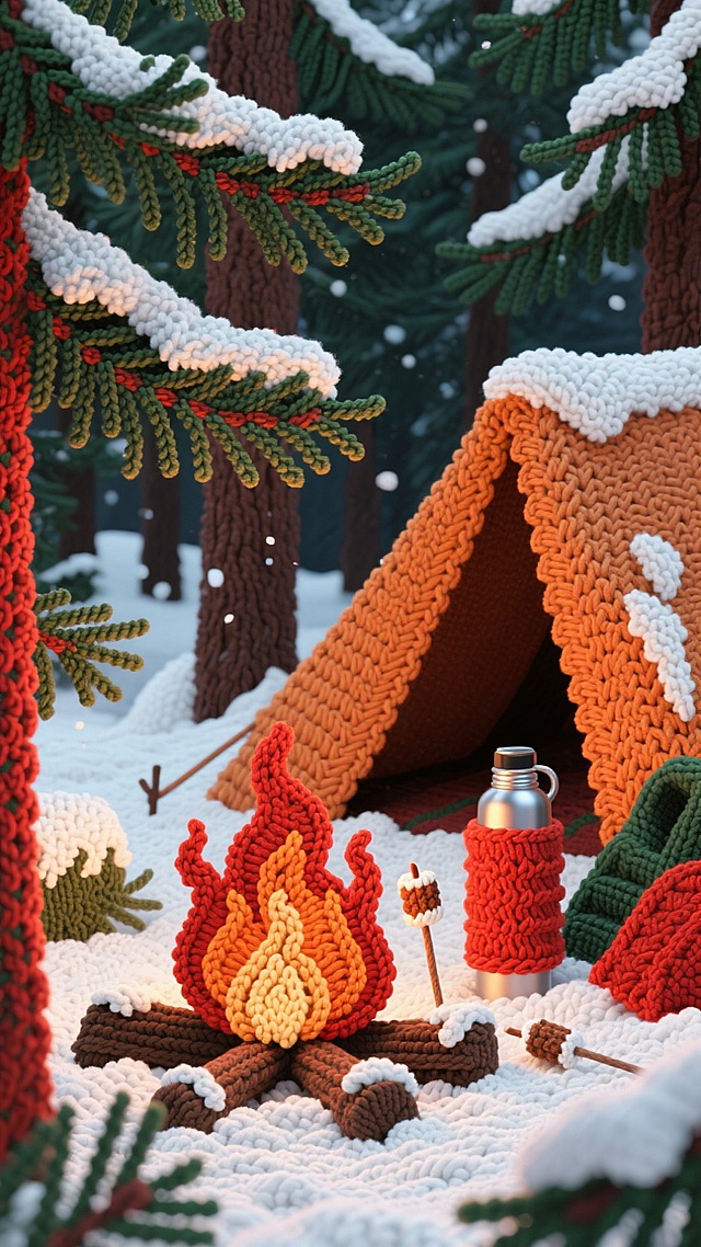 雪松林间燃起篝火，火焰映红周围积雪，露营者围坐烤棉花糖，身旁放着帐篷与暖水瓶。松枝覆雪，夜空缀着疏星，火星随晚风轻飘，橙红 + 墨绿配色，热闹又治愈的户外暖冬露营。