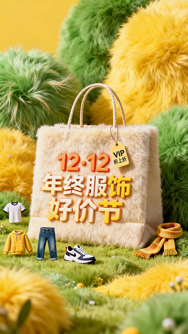 主视觉为一个大型毛绒购物袋，购物袋上展示3D文字 “12·12 年终服饰好价节”。购物袋上挂着小字标签“VIP折上折”，背景为高饱和黄绿配色，微缩元素（T 恤、牛仔裤、卫衣、运动鞋、围巾）分散装饰。