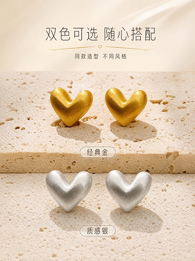 [商品] 使用【图1】拉丝爱心耳钉（金色款+银色款）；保留立体爱心造型、磨砂拉丝金属质感、双色外观；商品处理：两款耳钉造型完全一致，仅颜色不同，金属质感细腻统一。
[画面] 第5张 双色展示（系列全家福型），目标展示双色可选。画面上下排列展示金色款和银色款爱心耳钉，每款左右对称两只，放置在米白色洞石岩板上。上方金色款标注 "经典金"，下方银色款标注 "质感银"，两款造型完全相同，颜色对比鲜明。主体占画面约55%。背景为奶油米白渐变，干净高级。
[视觉] 套系策略：风格=高级轻奢珠宝商业摄影；标题字=纤细优雅无衬线体；正文字=简洁无衬线体；主色=奶油米白+香槟金；背景延展=基于奶油米白和香槟金做深浅层级、同色渐变和细腻岩板/丝绸/绒面质感；强调色=香槟金，仅用于小面积引线、装饰线和点缀；标题色=深暖棕；正文色=中暖灰；组件=极细金线、圆角浅底信息卡；光影=均匀柔光照射，金色暖调、银色冷调对比鲜明又和谐。
[文字] 每款下方居中标注颜色名称 "经典金" "质感银"，纤细无衬线体深暖棕色。画面顶部居中主标题 "双色可选 随心搭配"，下方小字 "同款造型 不同风格"。
[规格] 图片比例3:4竖版，2K分辨率，两款耳钉造型一致颜色准确，文字清晰，避免变形、色差、错字、冷蓝背景。