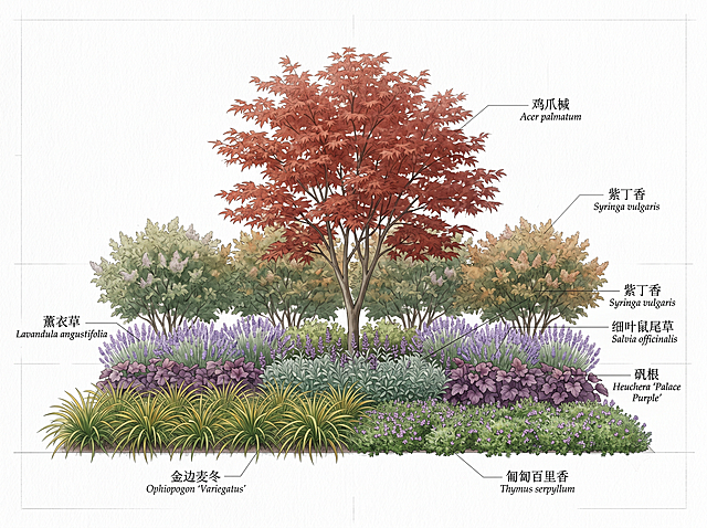 根据原图CAD平面布局生成校园康养花境的正立面效果图，保留原有植物分布关系：中心最高位置为一株砖红色秋叶鸡爪槭，植物从低到高分层，前景是各类地被（金边麦冬、匍匐百里香），中景为花境植物（薰衣草、细叶鼠尾草、矾根），背景为紫丁香灌木，最中心突出鸡爪槭。整体风格为景观学生作业立面图，白底图纸感结合真实植物质感，低饱和柔和自然，干净规整。不添加任何多余人物、建筑和杂物，保持4:3比例，画面清晰层次分明