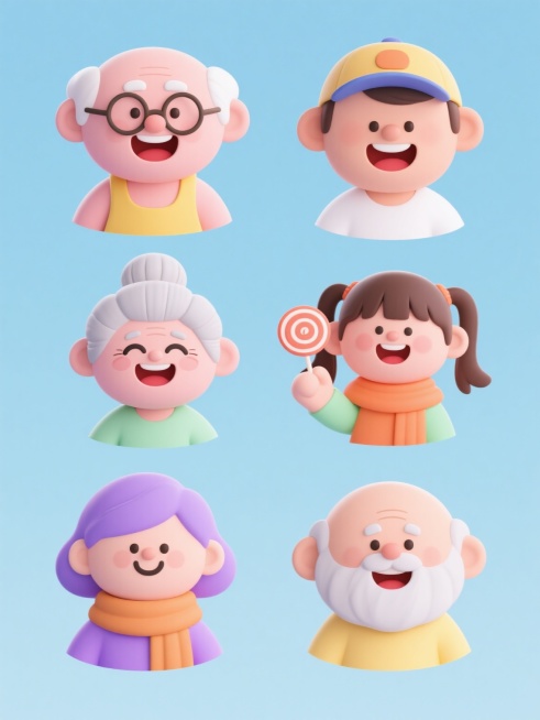 六个不同纯色背景的卡通风格人物头像集合，保持圆润可爱的Q版造型，统一采用平滑渐变的色块填充和简洁的线条勾勒，每个头像展现不同年龄层人物的欢乐表情：1.戴眼镜的白发老爷爷穿着黄色背心开怀大笑；2.扎发髻的老奶奶眯眼露齿笑；3.梳着双马尾的小女孩举着棒棒糖微笑；4.戴棒球帽的中年男性咧嘴笑；5.围围巾的中年女性低头轻笑；6.光头老爷爷摸着胡子慈祥笑，所有头像等距排列成两行三列，背景分别为浅蓝、浅粉……预览效果