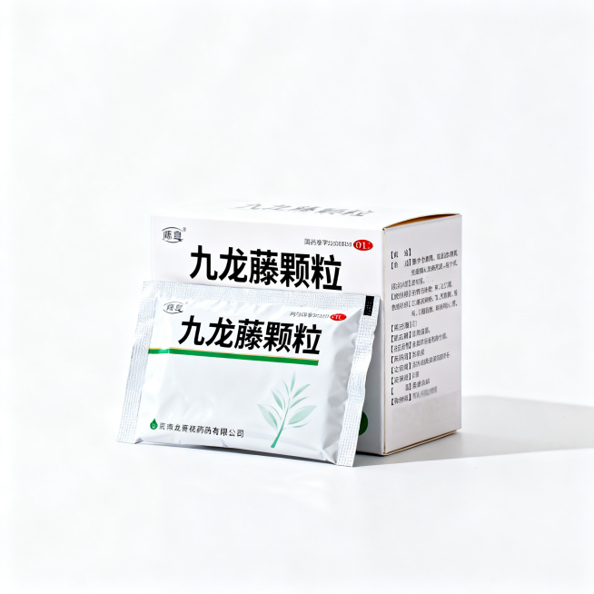 九龙藤颗粒药品产品展示图，清晰展示药品包装，专业医疗健康风格，干净整洁的产品构图预览效果