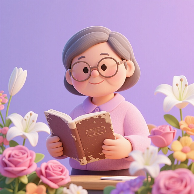 软3D风卡通奶奶阅读，温馨可爱，花丛环绕，节日氛围浓厚。