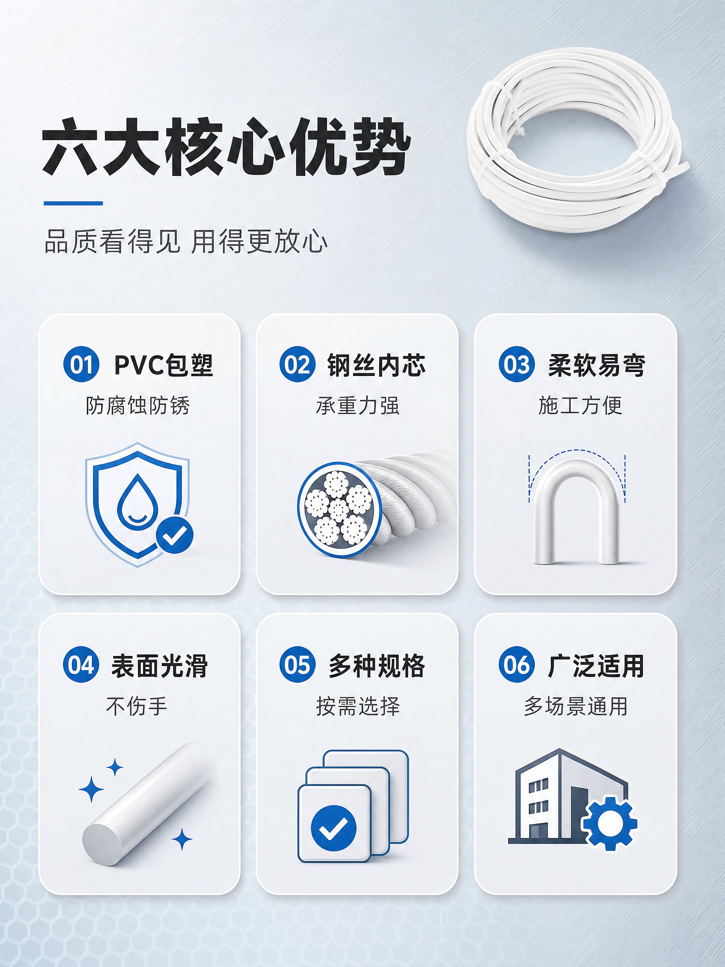 [商品] 使用【图5】白色包塑钢丝绳产品图；保留白色包塑外层、… - 图片创意预览