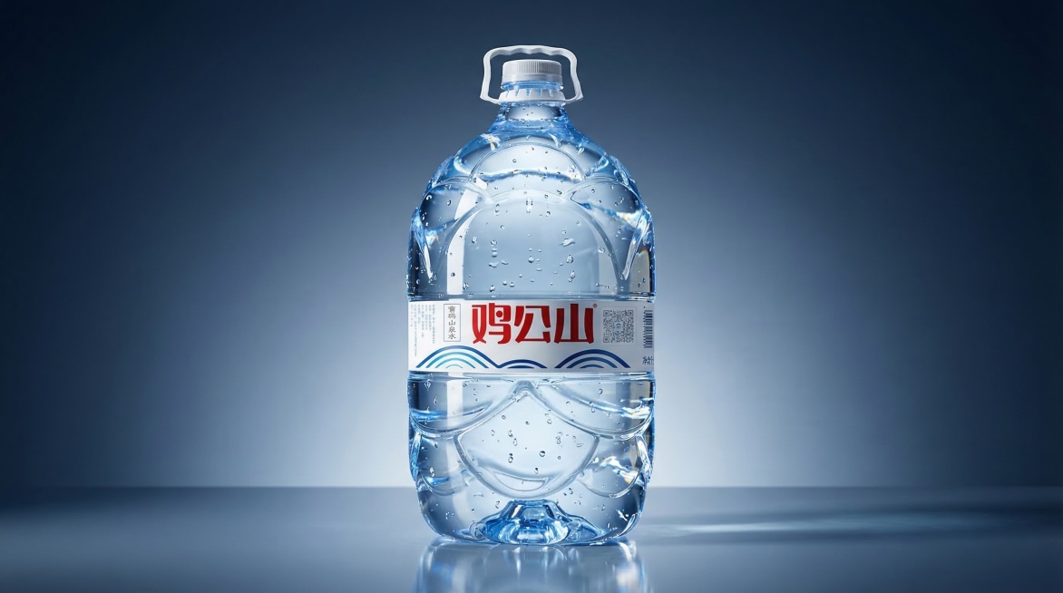 鸡公山桶装水产品写真图，高级大气风格，强视觉冲击力，保持品牌Logo和包装文字原样，保持桶装水主体结构不变，精致光影，质感通透，简约高级背景，突出产品，商业摄影质感预览效果